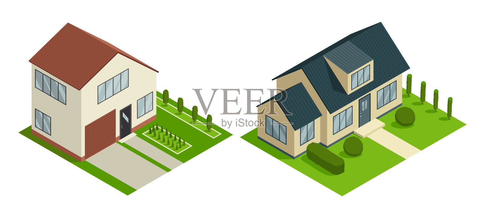 等距小屋图标集。带草坪的郊区房屋组合矢量插图。代表郊区建筑的信息图元素。房地产私宅企业。插画图片素材