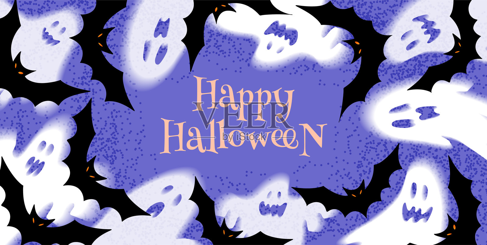 万圣节鬼魂和蝙蝠的节日紫色矢量插图，适用于卡片、横幅、海报和社交媒体插画图片素材