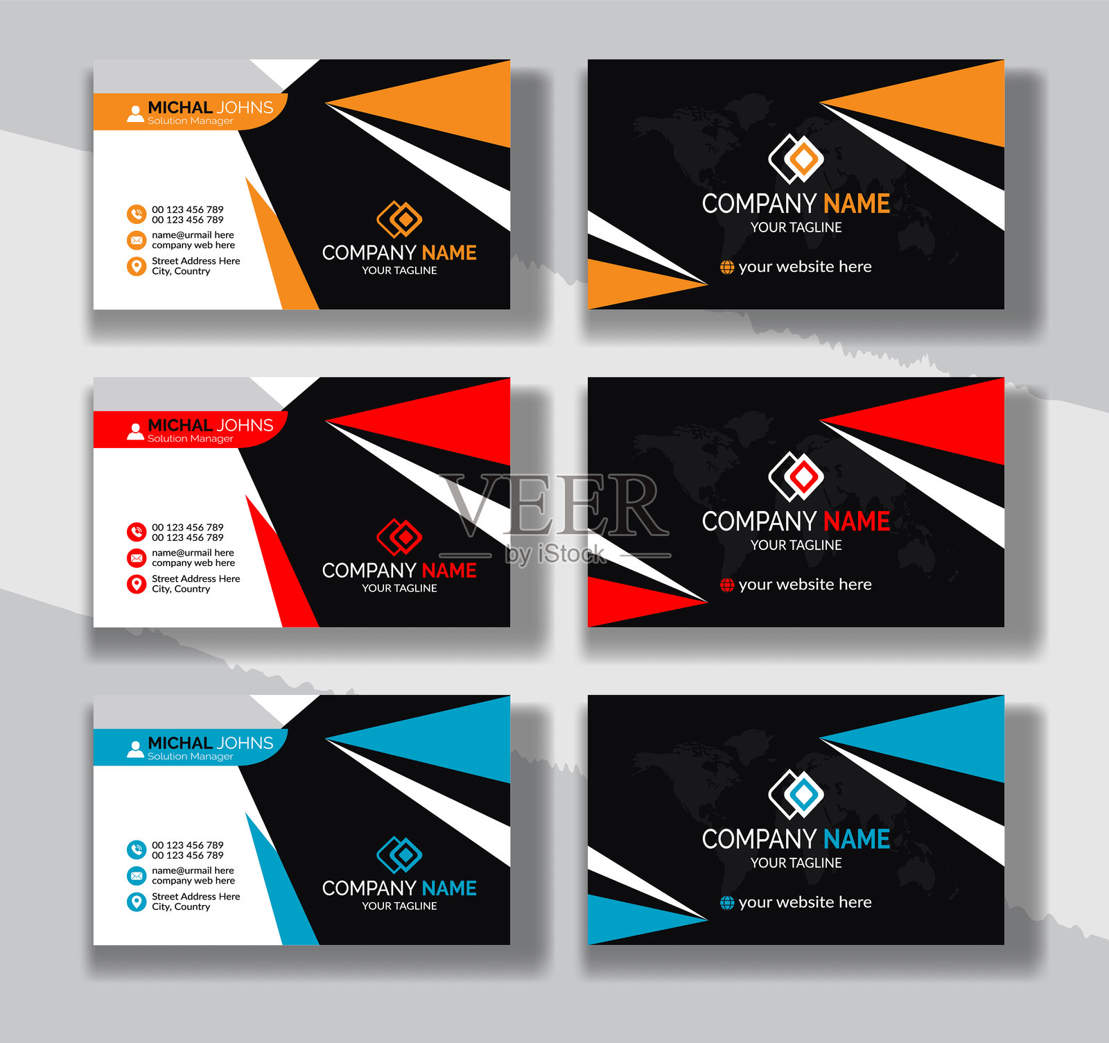 创意现代简洁企业双面名片模板，个人拜访卡，专业简单身份蓝色、红色、白色和黑色优雅名片。插画图片素材