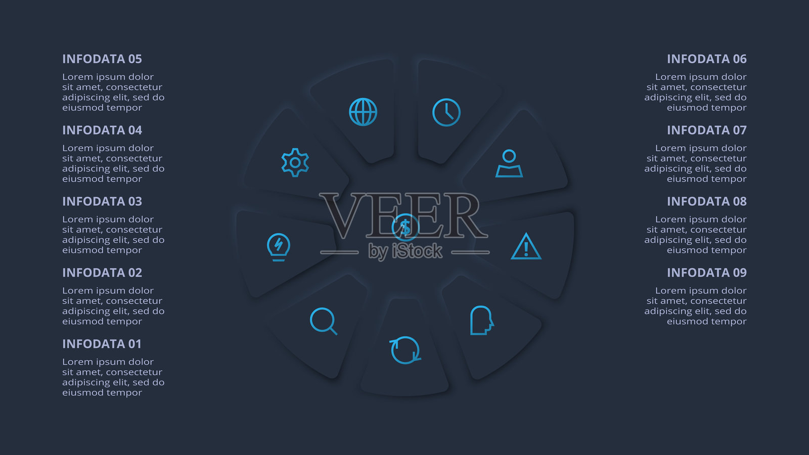 暗色调的拟物化流程图信息图。包含9个步骤或过程的创意信息图概念。插画图片素材