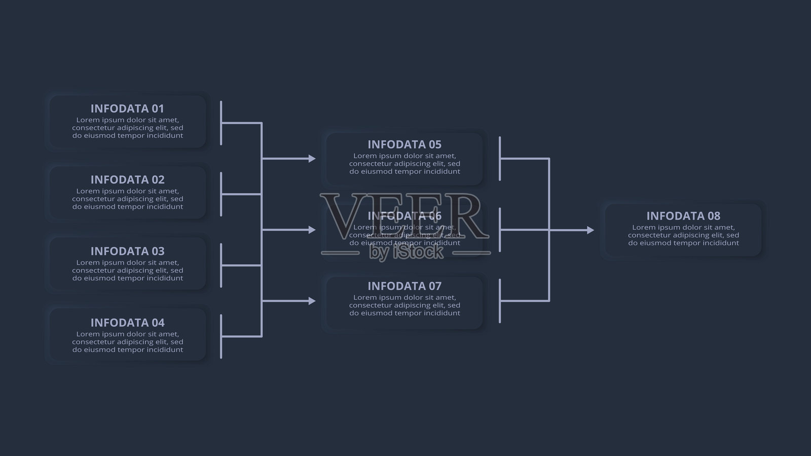 深色拟物化流程图信息图。包含8个步骤或过程的创意信息图概念。插画图片素材