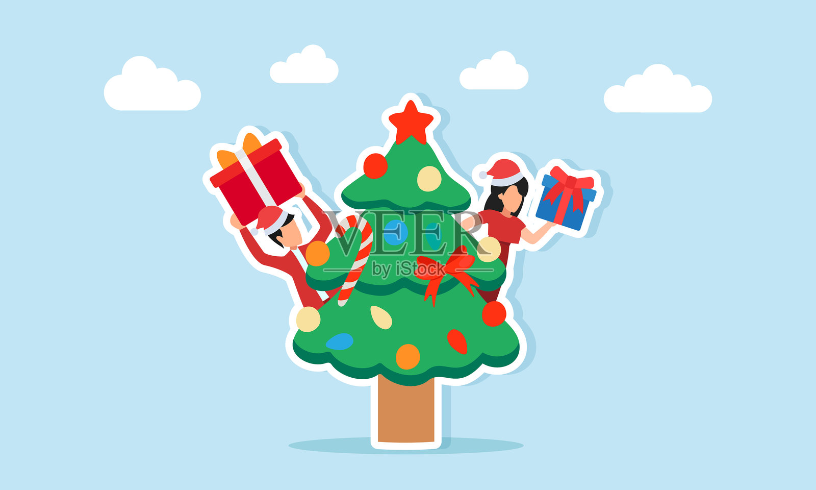 穿着红色服装、戴着圣诞帽的男女各自手持礼物，站在圣诞树后，表达对圣诞庆祝活动的感激之情。插画图片素材