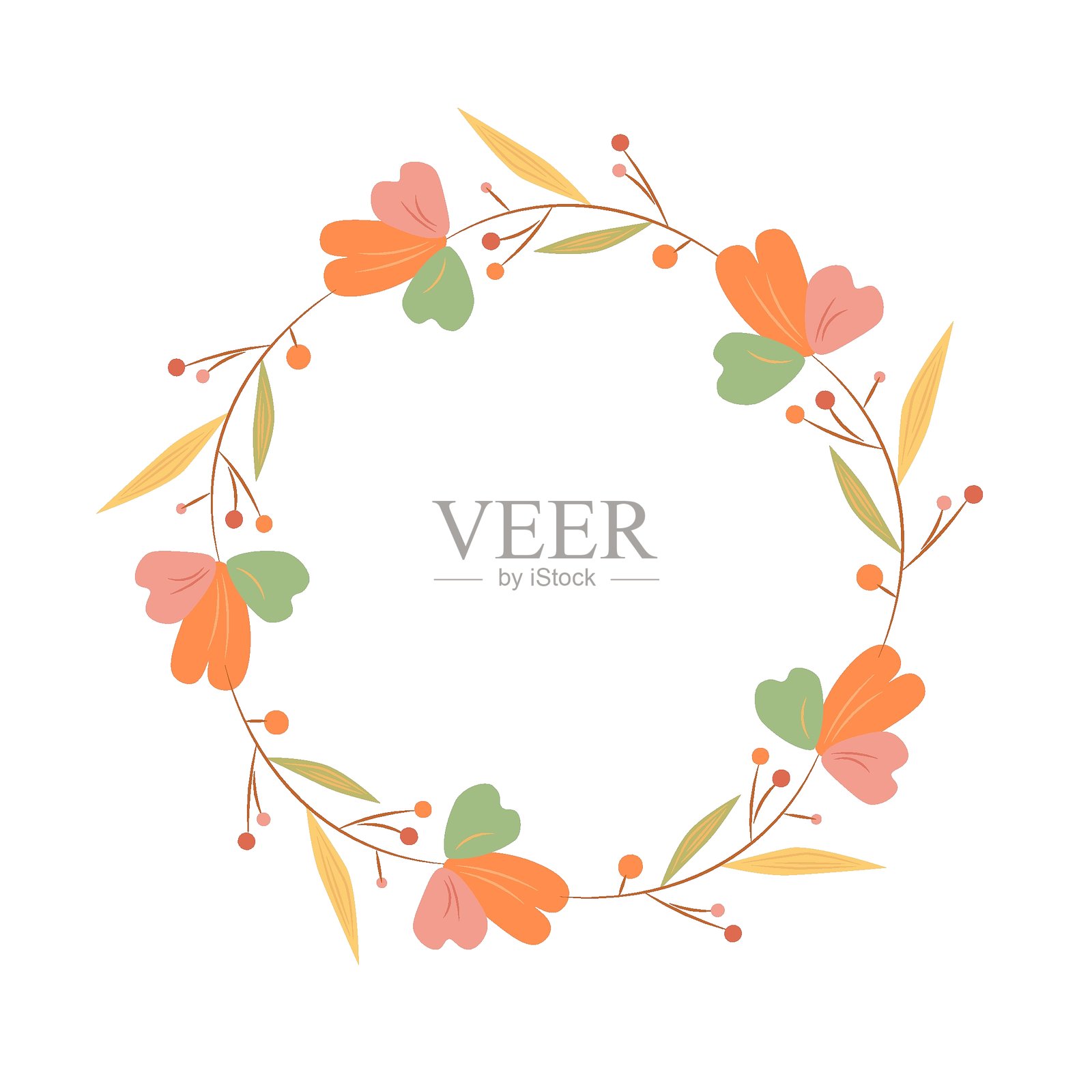 一个充满活力的圆形框架，装饰着浪漫的橙色花朵。一个以花卉和叶子为主题的婚礼邀请函。插画图片素材