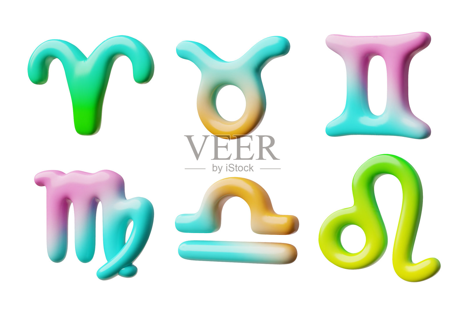 一组卡通生肖的3D插图，带有多彩渐变纹理。插画图片素材