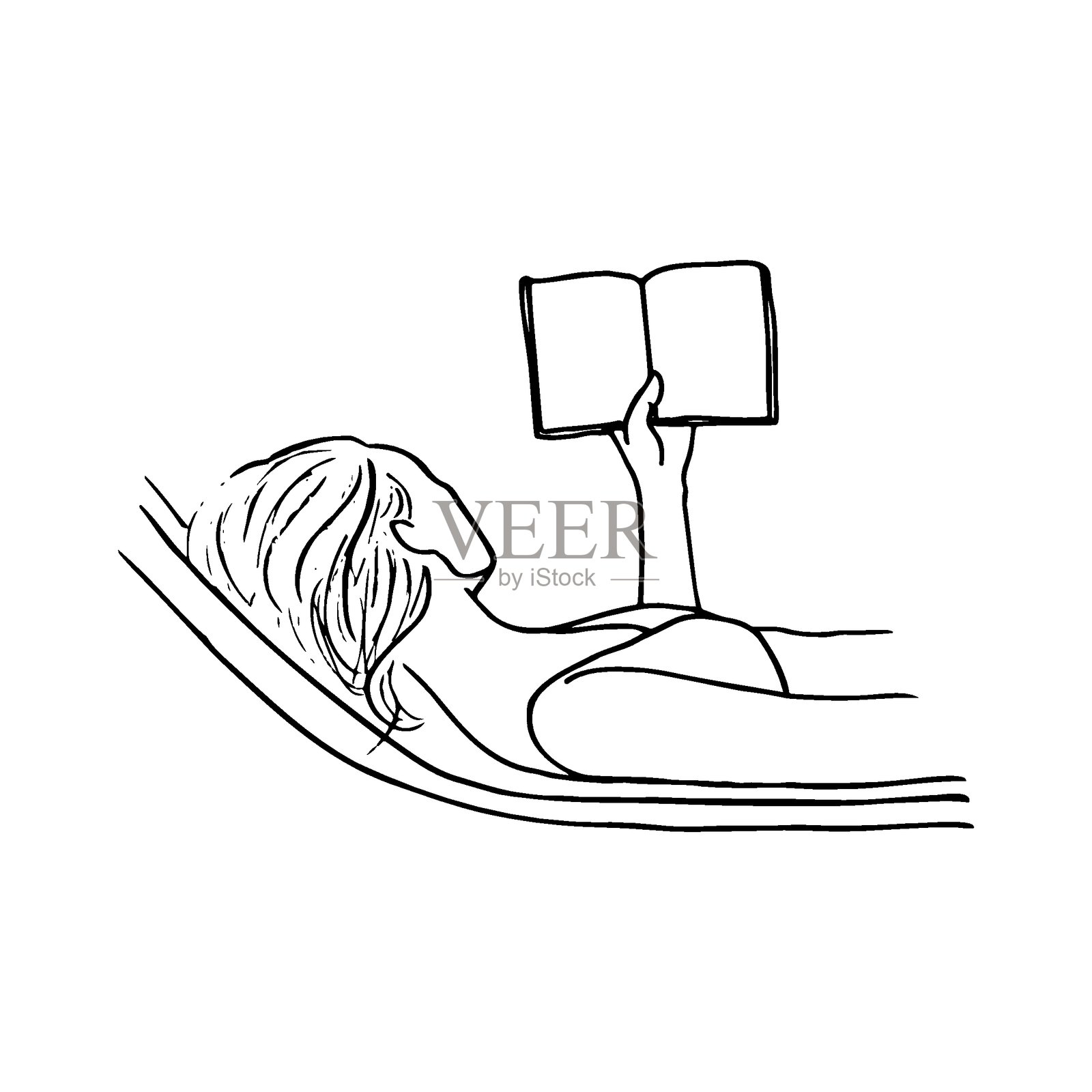 穿着泳衣的躺着的女人阅读书籍的肖像 - 手绘线条素描插画图片素材