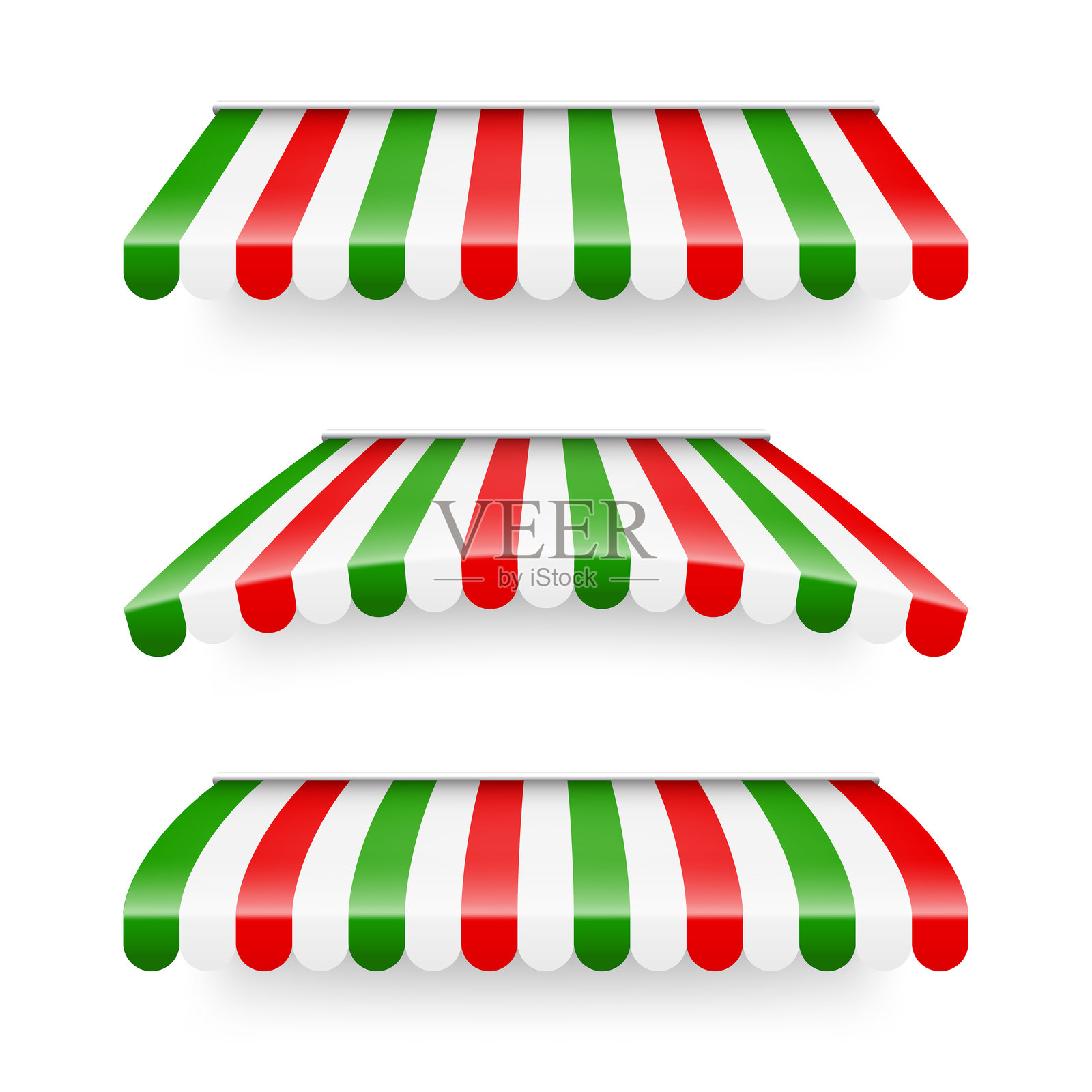 商店遮阳篷。逼真的条纹咖啡店遮阳篷。户外市场帐篷。意大利国旗颜色的屋顶篷布。夏季街头商店。矢量插图。插画图片素材
