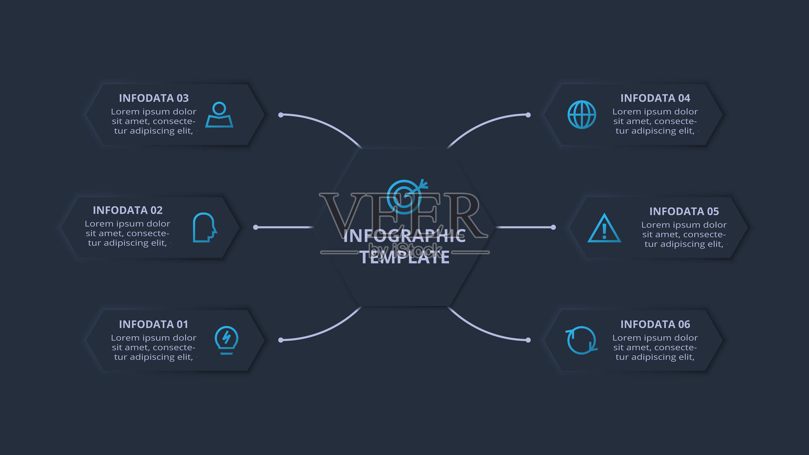 暗色调的拟物化流程图信息图。包含6个步骤或过程的创意信息图概念。插画图片素材