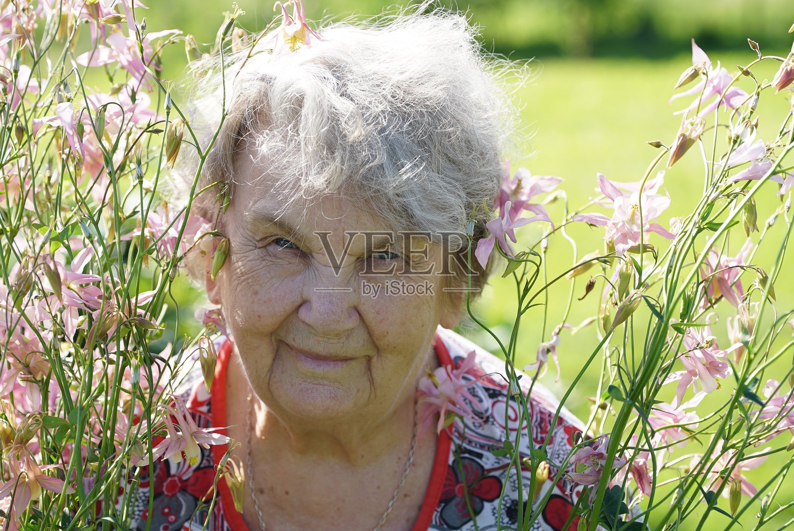 公园里微笑的老年女性肖像照片摄影图片