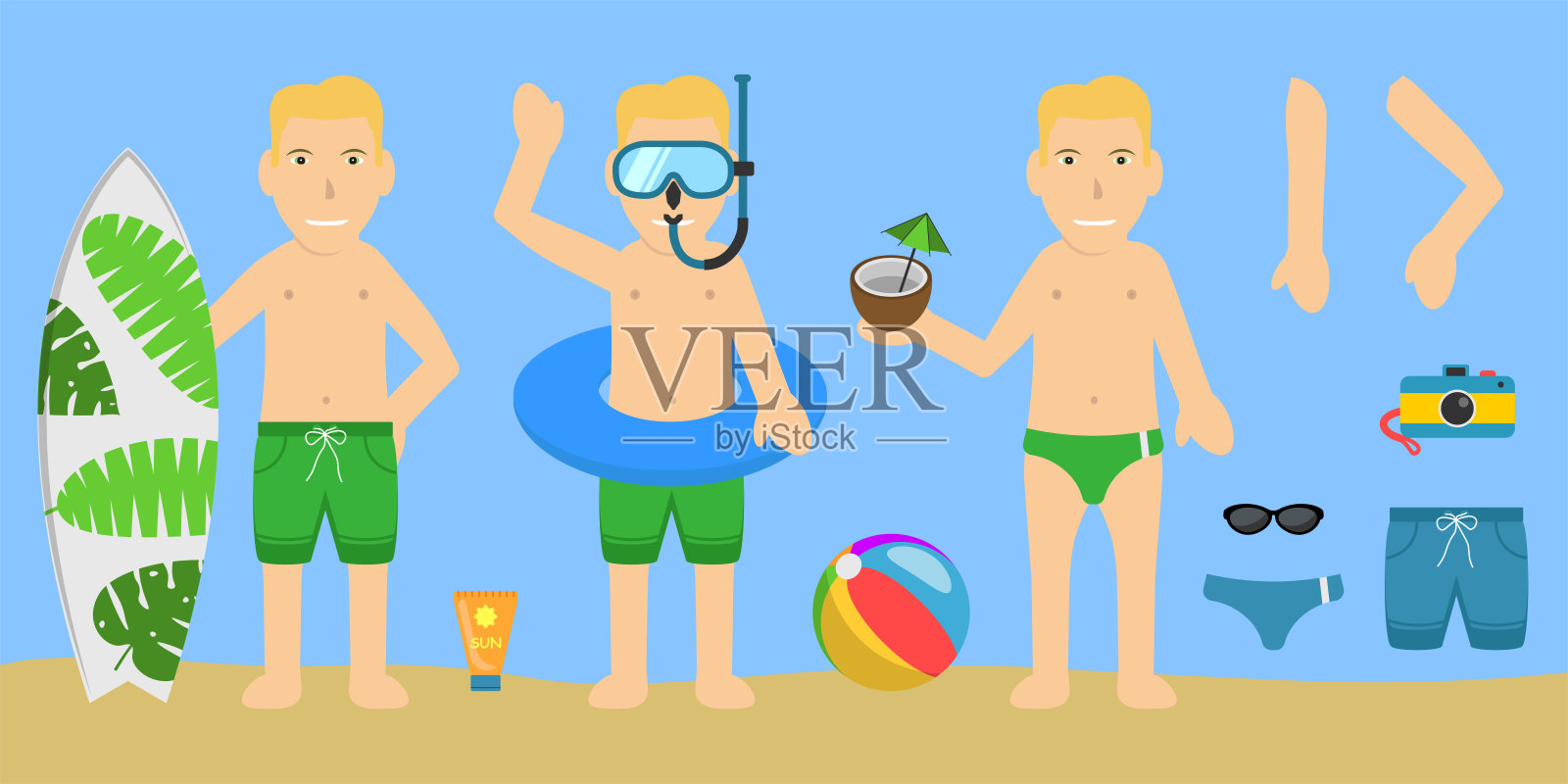 男性泳装浴者角色。插画图片素材