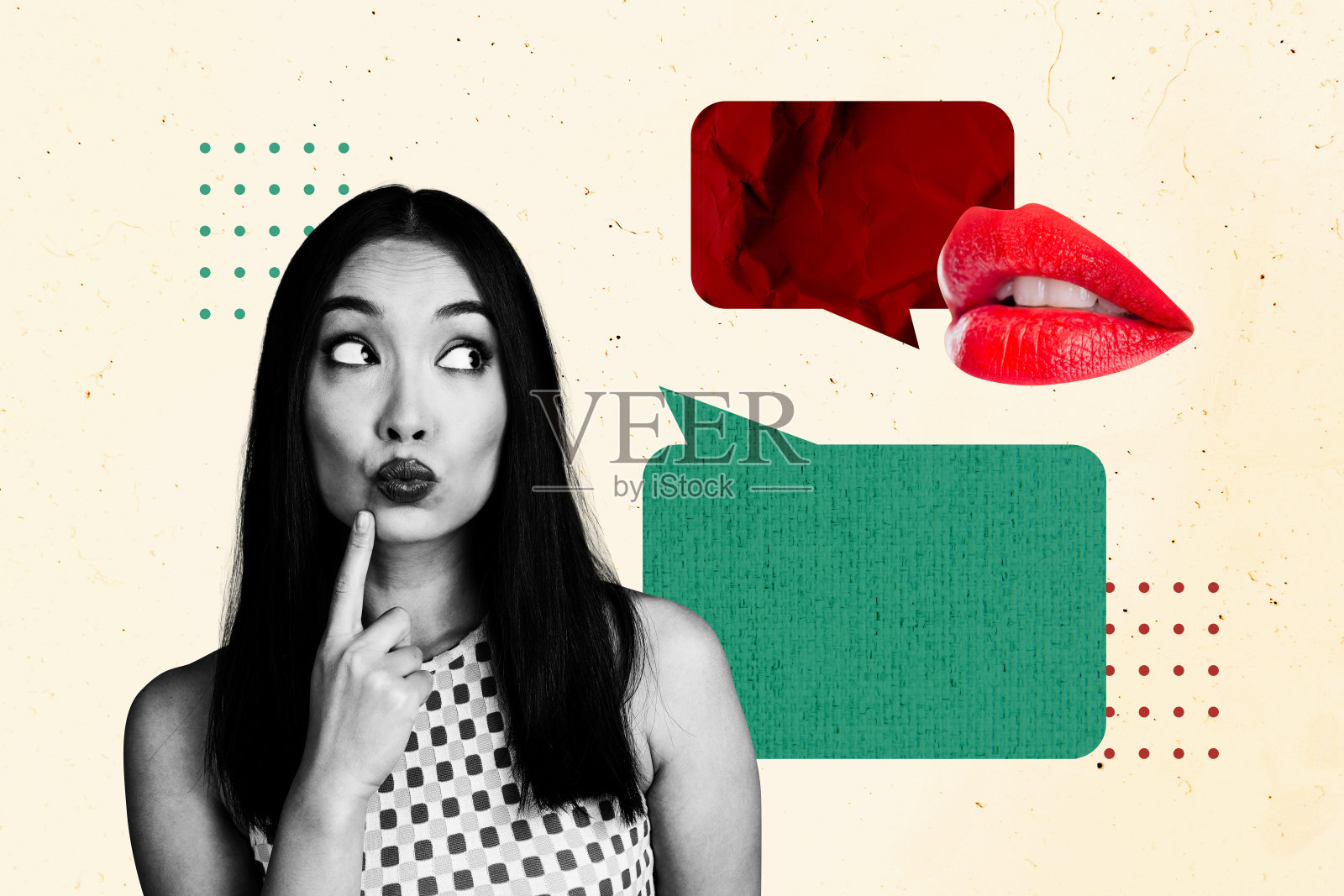 创意拼贴画的素描艺术横幅，展示了一个思维活跃的女孩，撅着嘴唇，嘴巴旁边有对话气泡，象征着交流和对话短语。照片摄影图片