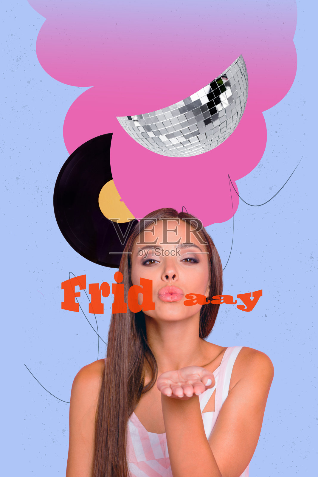 3D素描图像，垂直拼贴，快乐的女孩和男孩在迪斯科球下跳舞，周五的心情，庆祝派对，轻松的场合，享受夜总会。照片摄影图片