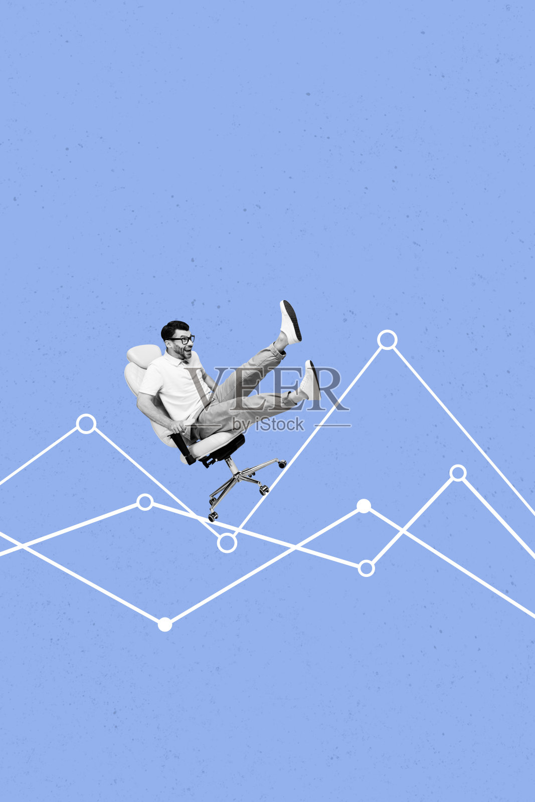 快乐商人骑在椅子上，3D草图图像拼贴，展示图表进展、目标成就和员工发展职业。照片摄影图片