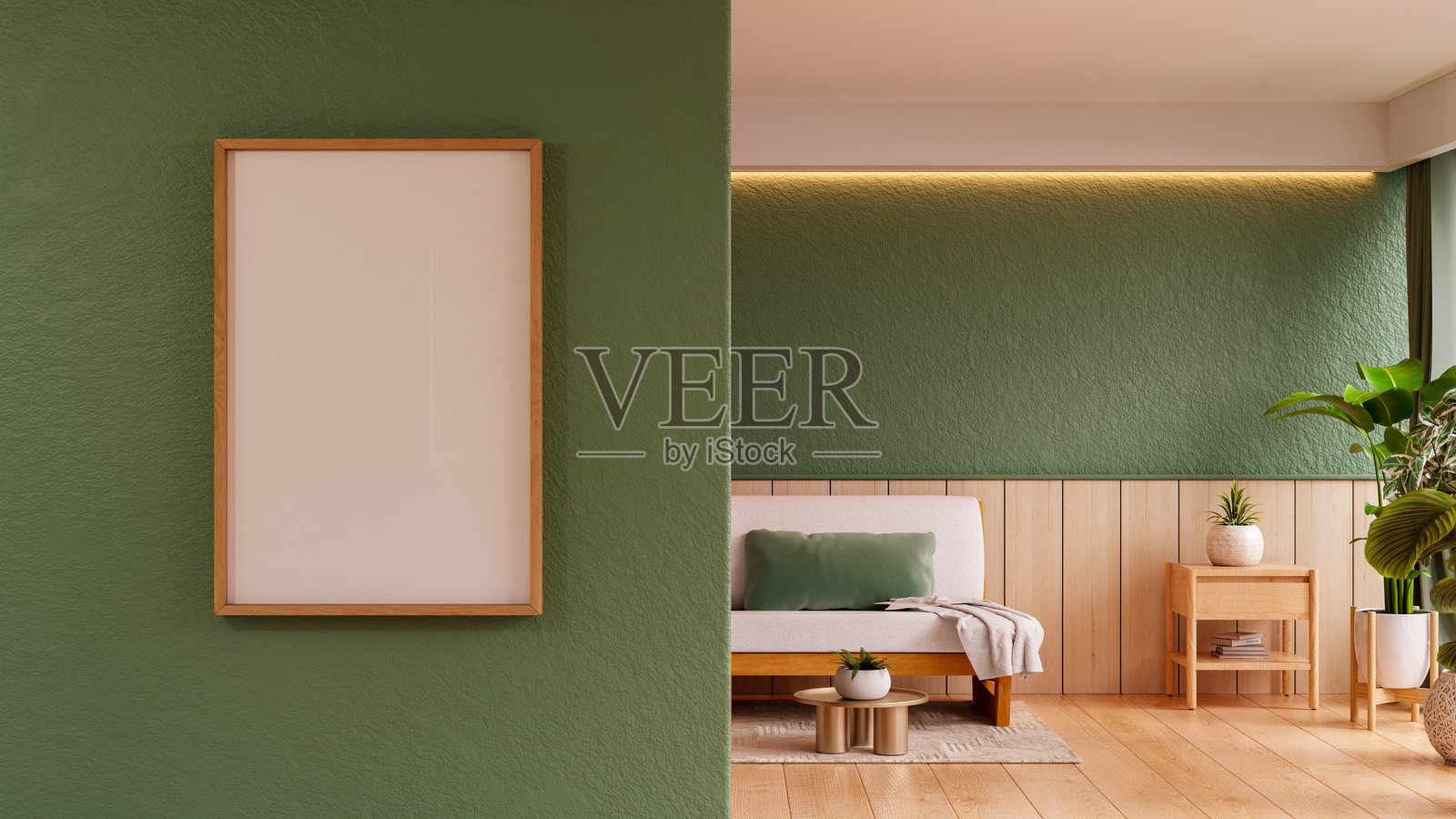 极简主义的生活空间，绿色墙壁和自然木质装饰，海报框的模型 - 3D渲染照片摄影图片