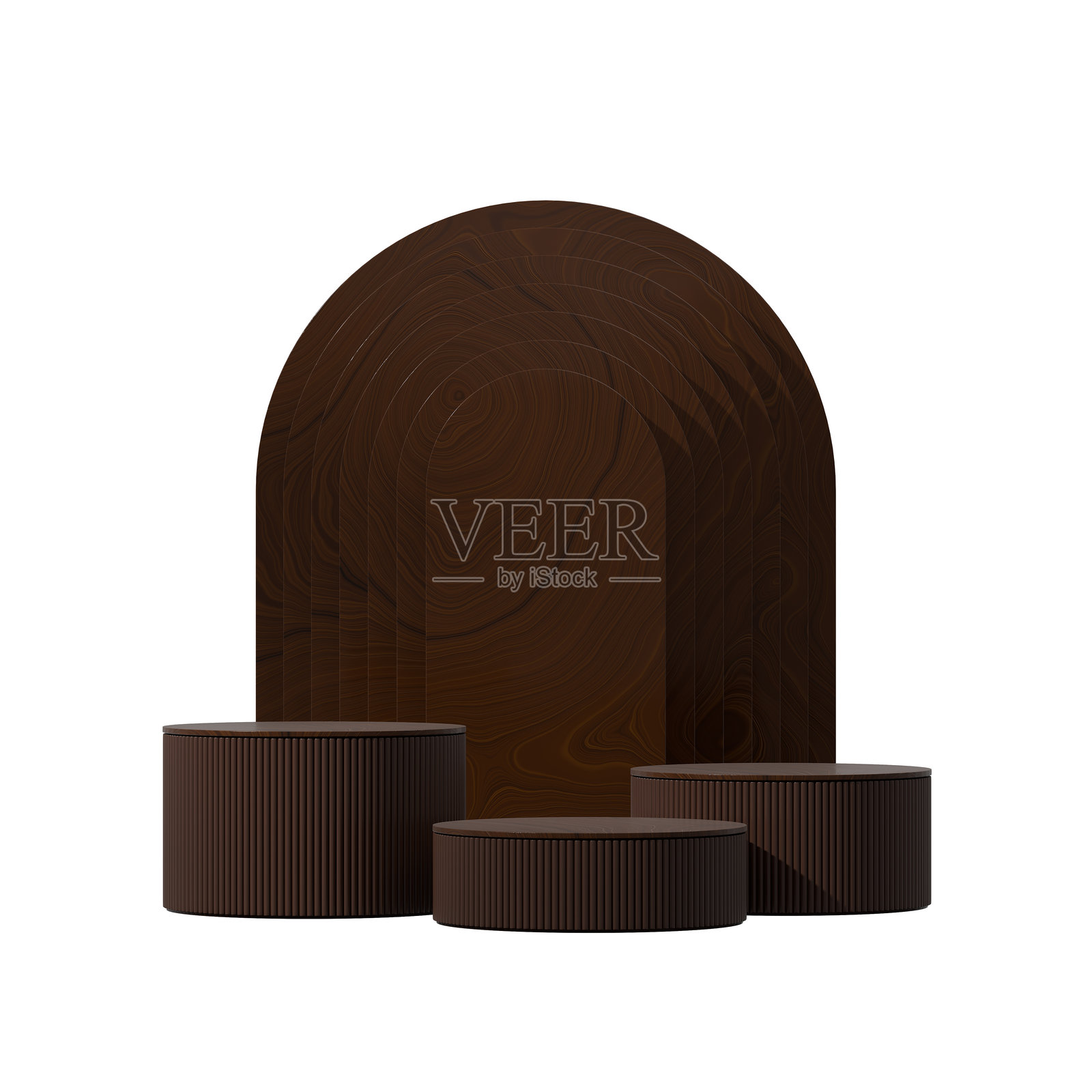 一个3D渲染的木纹空白曲面圆柱，背景为拱形结构照片摄影图片