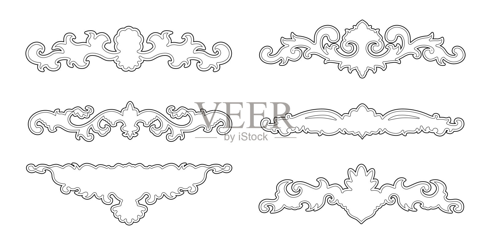 复古维多利亚风格的优雅框架和边框，带有曲线和波浪的装饰设计元素。适用于明信片、卡片和婚礼邀请函的矢量艺术。插画图片素材