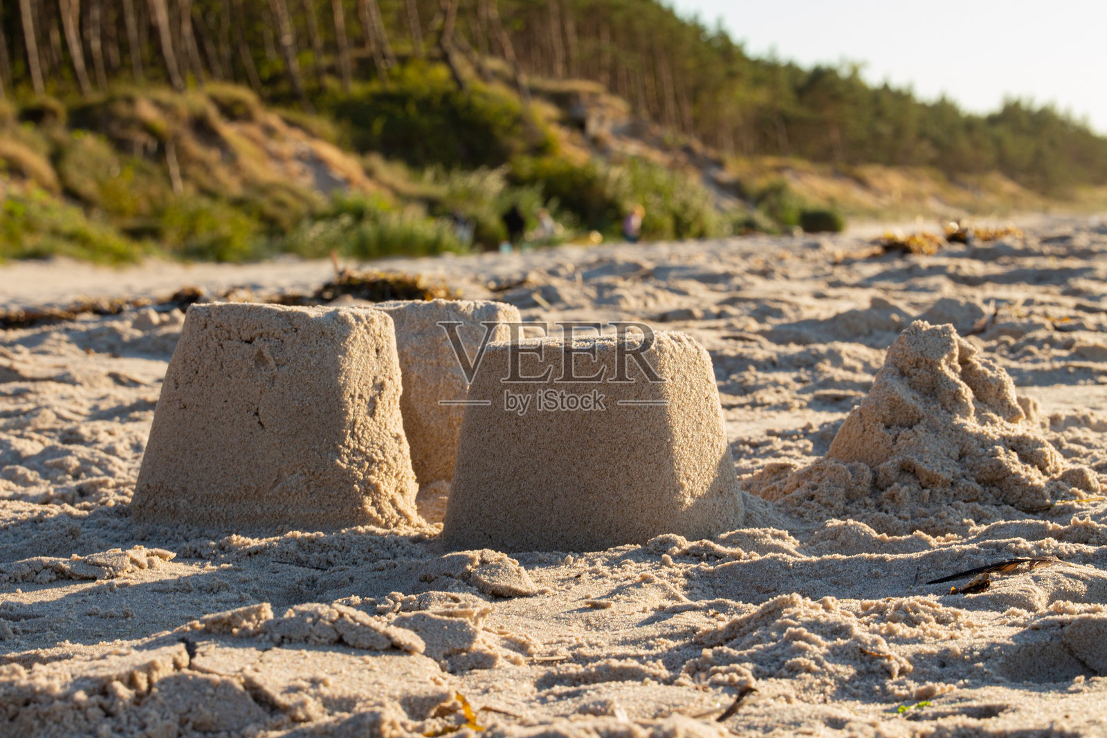 孩子们在阳光明媚的下午，在沙滩上建造大型沙堡，背景是树木。照片摄影图片