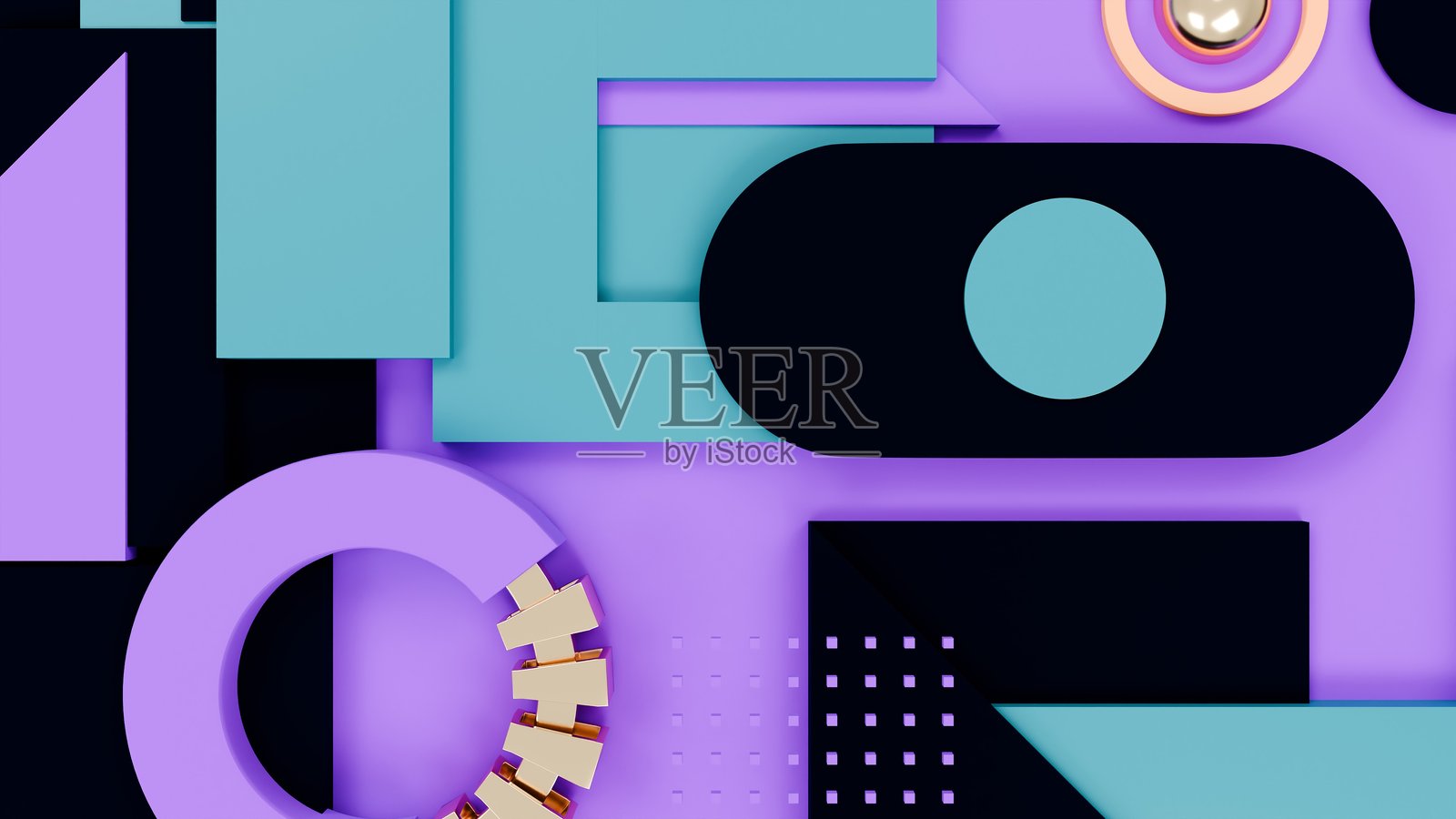 现代三维极简风格的彩色抽象几何背景，包含紫色、青绿色和黑色形状照片摄影图片