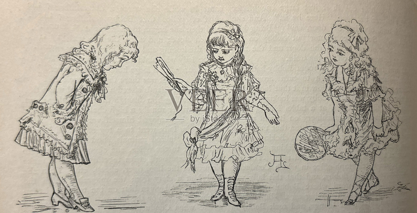 古老插图 - 三个穿着裙子的年轻女孩第一次见面插画图片素材