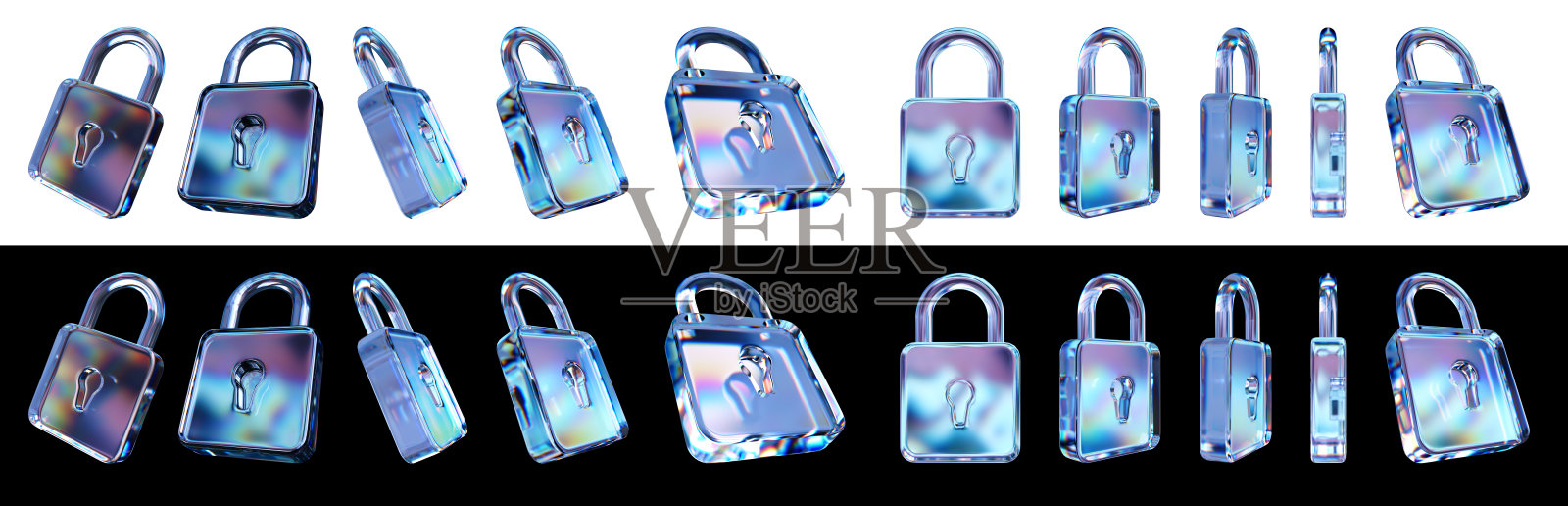 一组具有色散效果的3D透明光泽锁。彩虹色反射玻璃。带有水晶色散效果的3D玻璃安全图标。抽象的空玻璃安全图标，具有棱镜全息效果。照片摄影图片