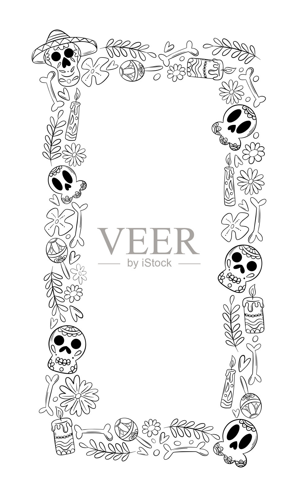 亡灵节。用于纪念逝者的传统墨西哥节日的框架。骷髅、花朵、骨头、吉他、边框、框架插画图片素材