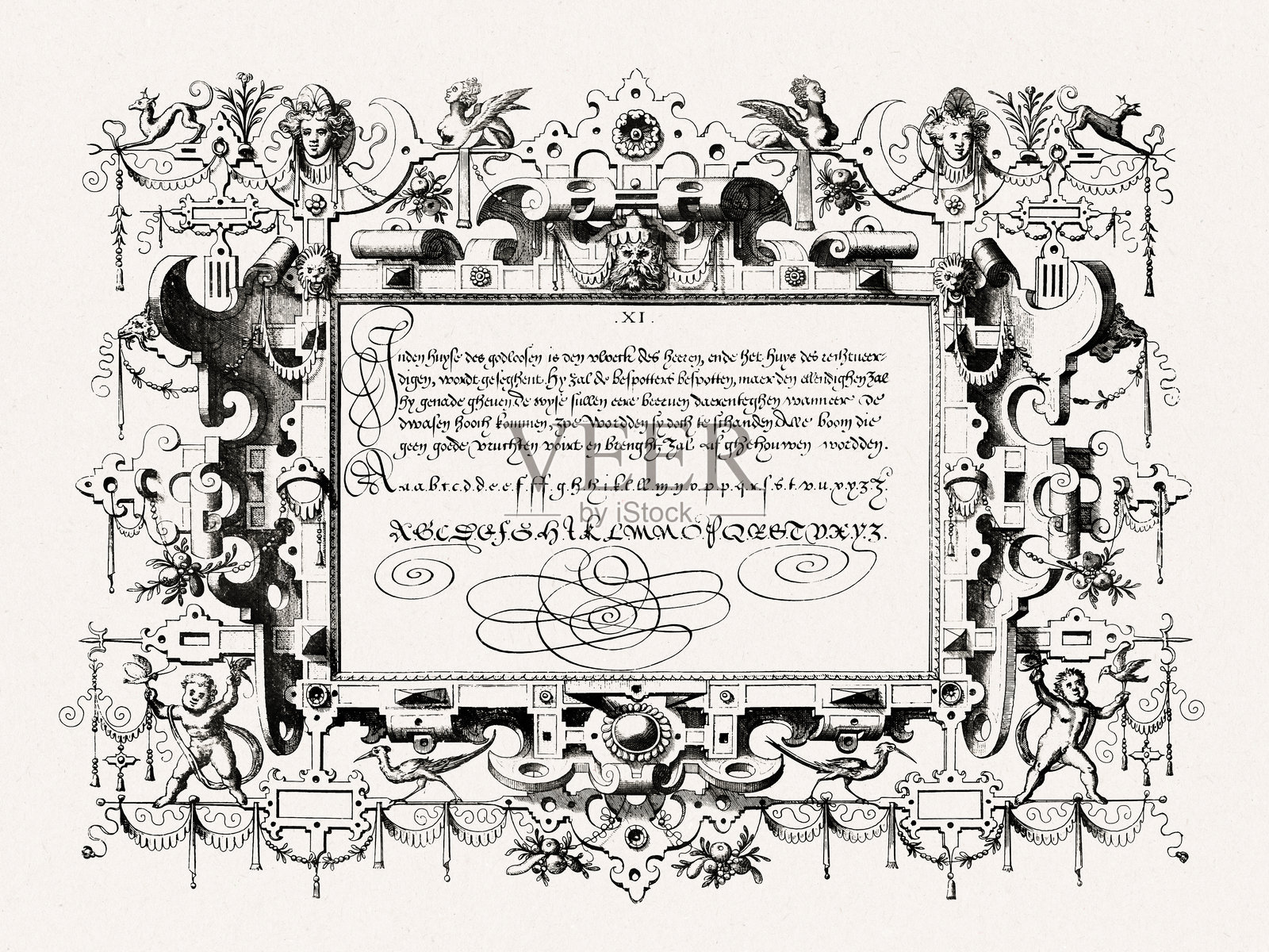 文艺复兴时期的书法，配有华丽的框架和装饰细节。1569年布鲁塞尔的古董雕刻。插画图片素材