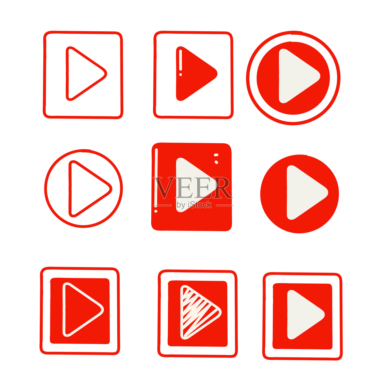 手绘涂鸦风格的播放器按钮图标集合插画图片素材