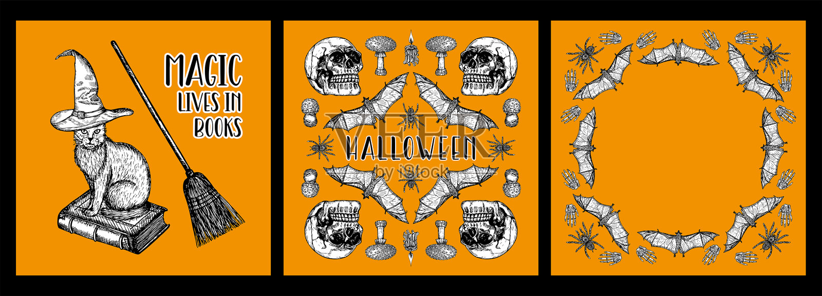 万圣节卡片和框架设计，包含骷髅、蝙蝠、蜘蛛、猫的雕刻风格图案。草图轮廓插图与文字短语。手绘矢量线条艺术，贴纸，海报。插画图片素材