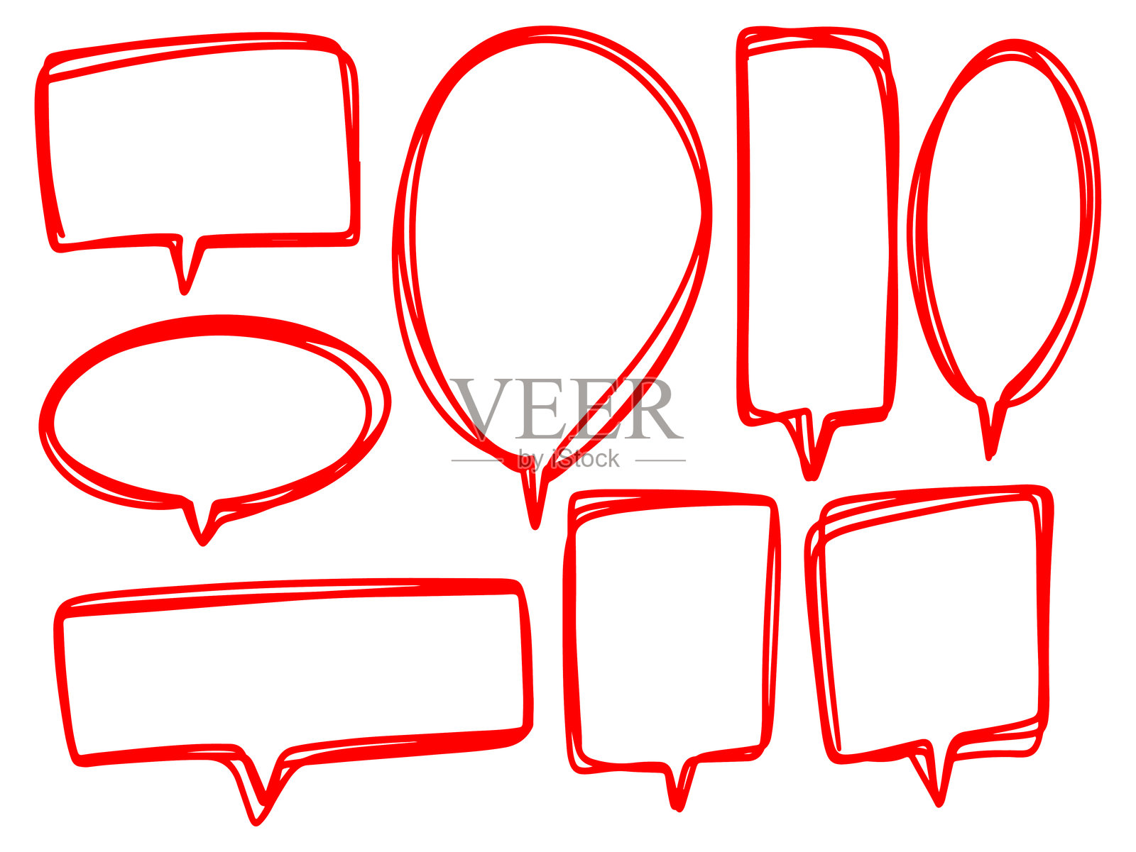 手绘涂鸦风格的红色对话气泡套装。涂鸦聊天气球集合，粗略草图。漫画风格的消息框轮廓。插画图片素材