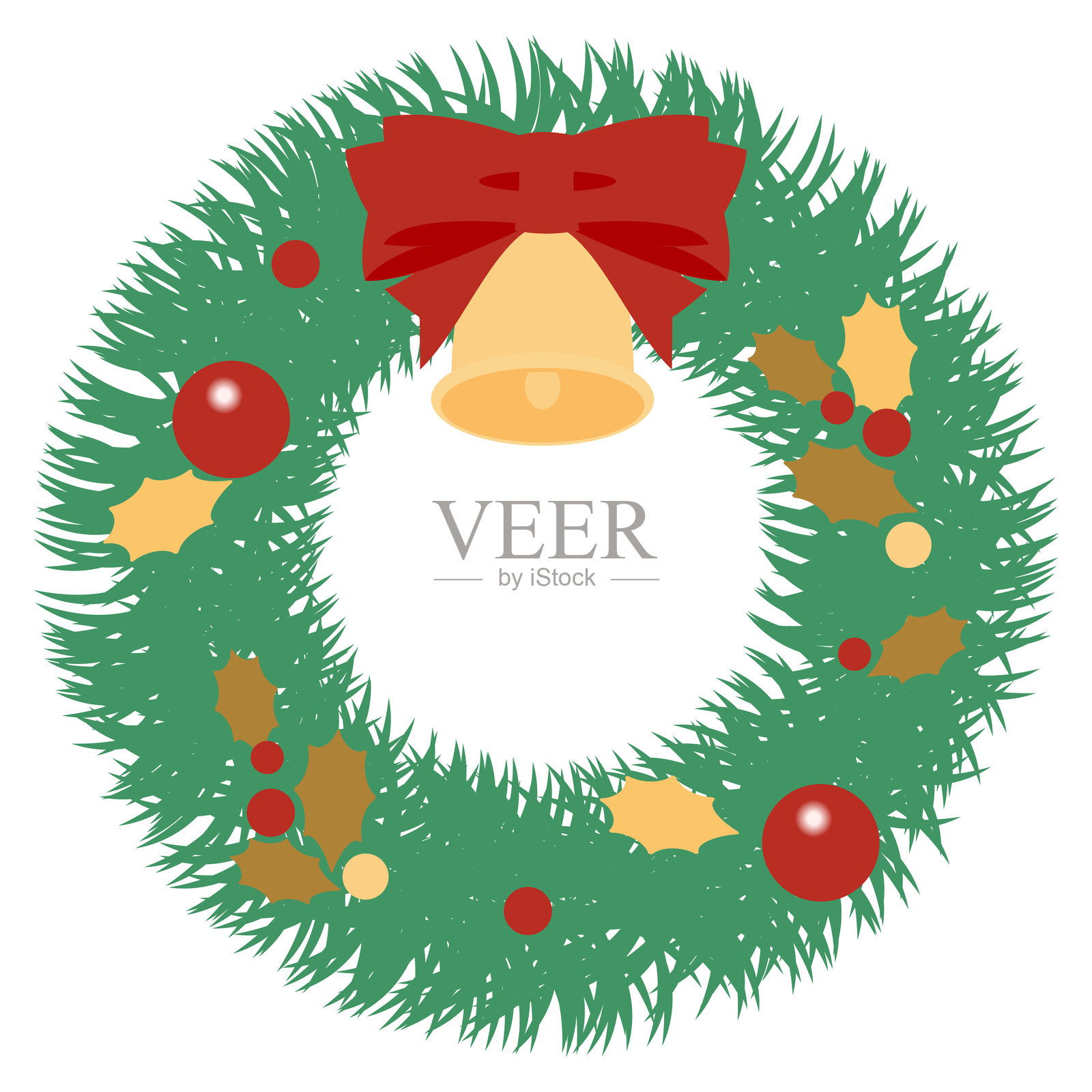 装饰有红色丝带和五彩缤纷饰品的圣诞花环，孤立在白色背景上，适用于节日设计和装饰的节庆矢量插图插画图片素材