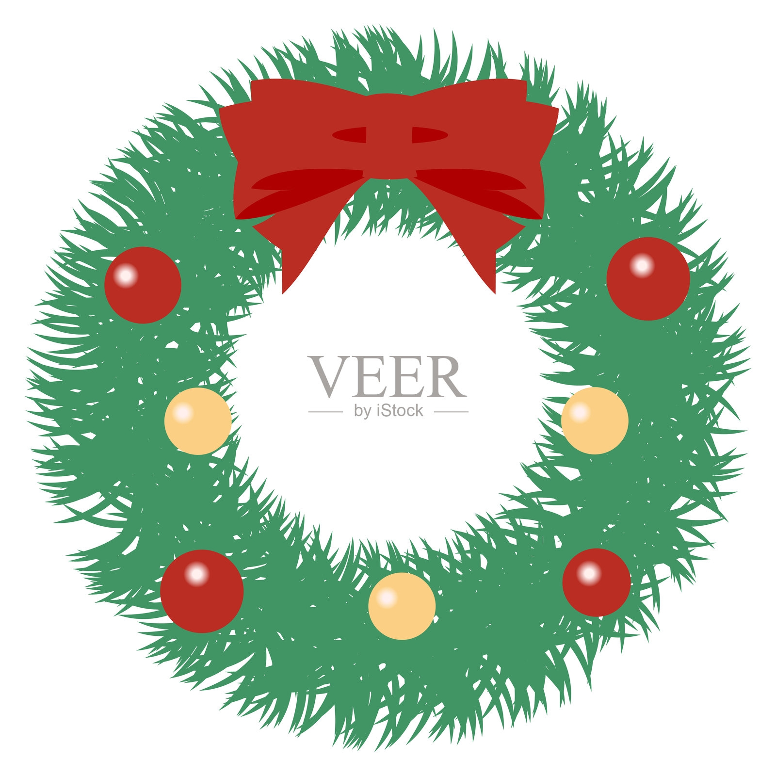 装饰有红色丝带和五彩缤纷饰品的圣诞花环，孤立在白色背景上，适用于节日设计和装饰的节庆矢量插图插画图片素材