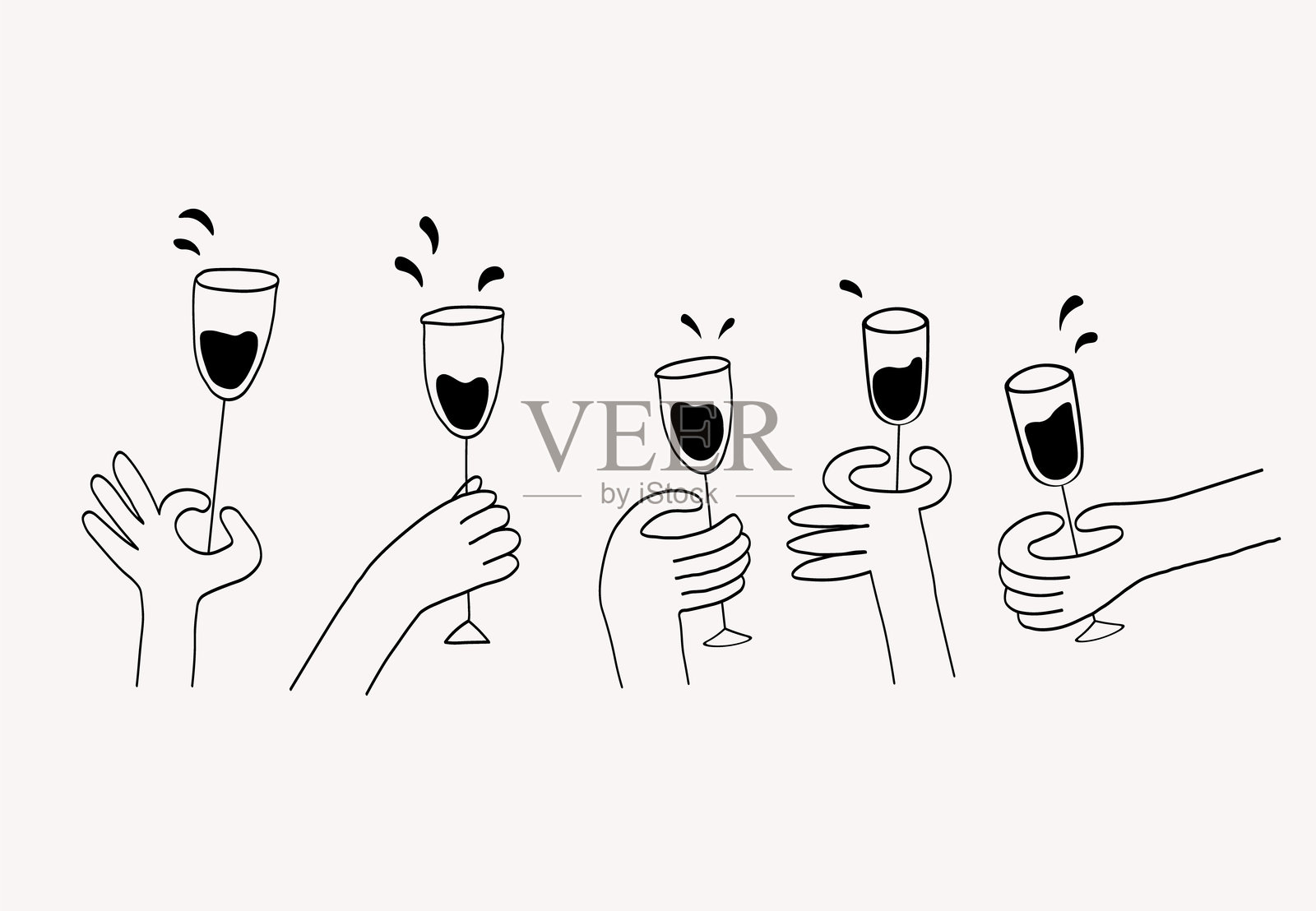 手握酒杯的人。人们碰杯的酒精饮品素描。庆祝、品酒、新年、饮酒派对、欢乐。极简风格的人物矢量插图，背景为单色。插画图片素材