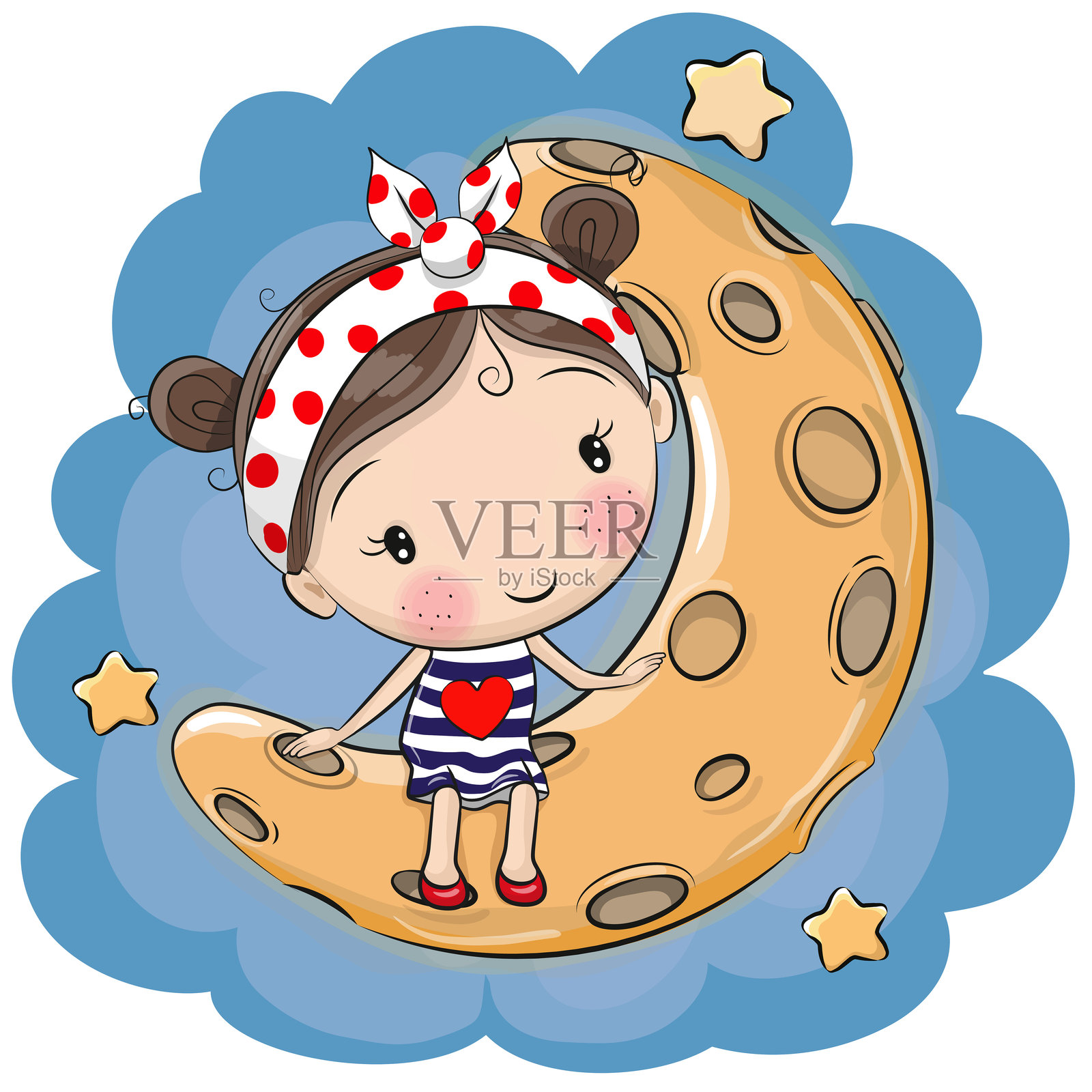 卡通女孩坐在月球上插画图片素材