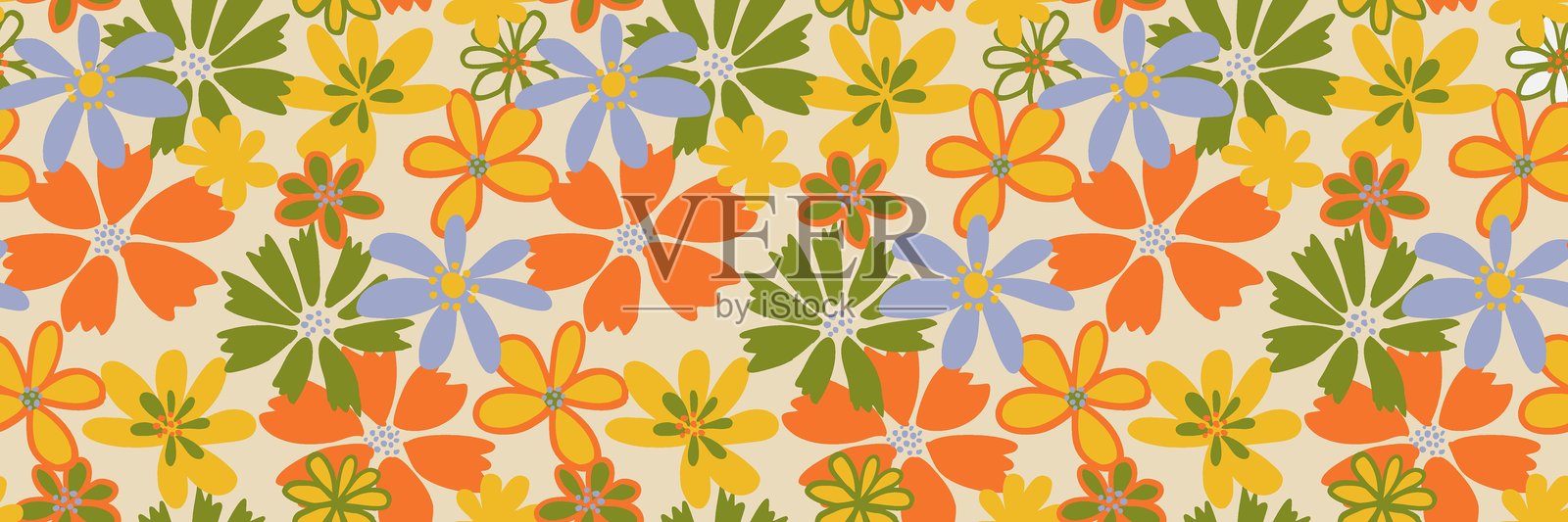 无缝矢量花卉图案，包含橙色、黄色、绿色和淡紫色的抽象花朵，背景为米色。明亮的复古风格设计，适用于面料、壁纸和包装。插画图片素材