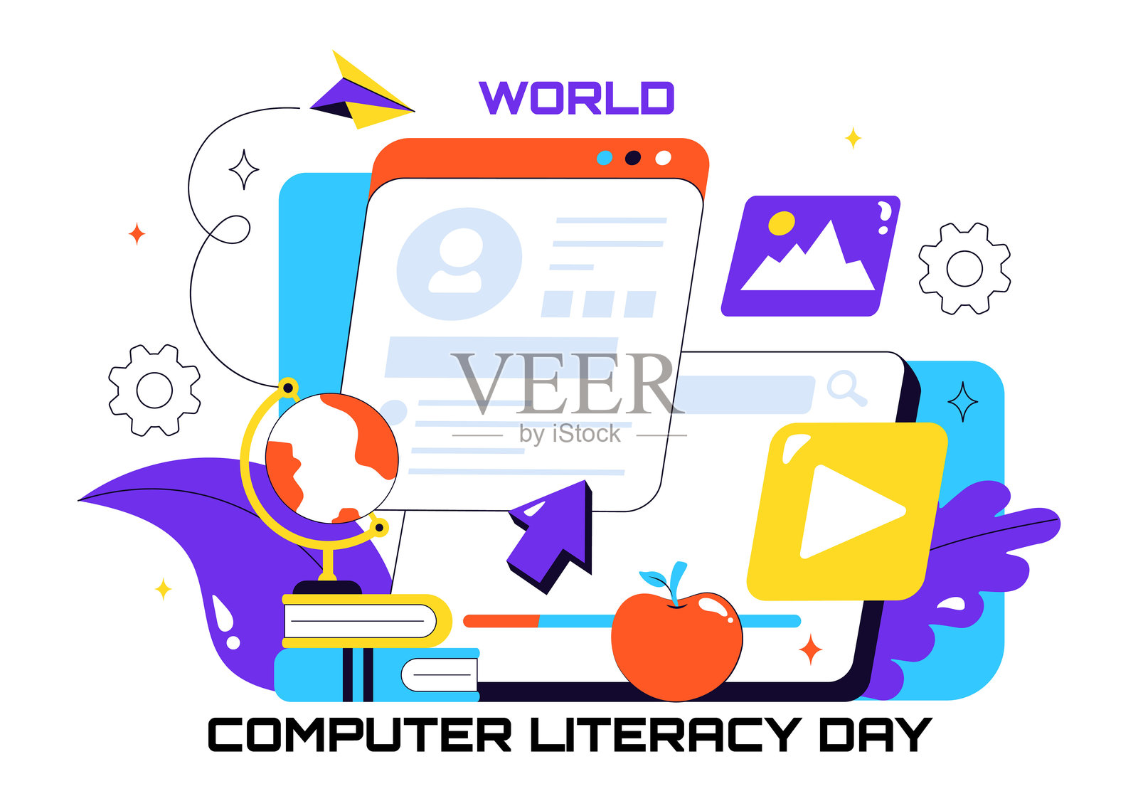 世界计算机素养日矢量插图，日期为12月2日，展示书籍、地球仪和媒体设备，以促进教育，背景为平面设计。插画图片素材