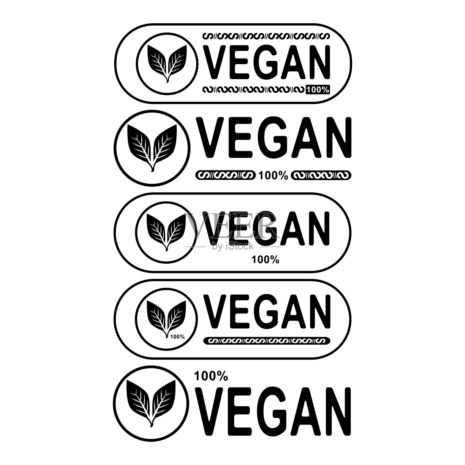 简约的素食标签，带有叶子图标和“100%”文本，适用于有机生活方式品牌。插画图片素材