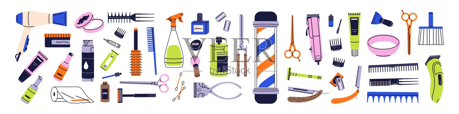 一套理发师设备。理发工具，理发店用品，用于修剪胡须和小胡子。美容产品，用于护理、剃须和剪发。白色背景上的平面孤立矢量插图。插画图片素材
