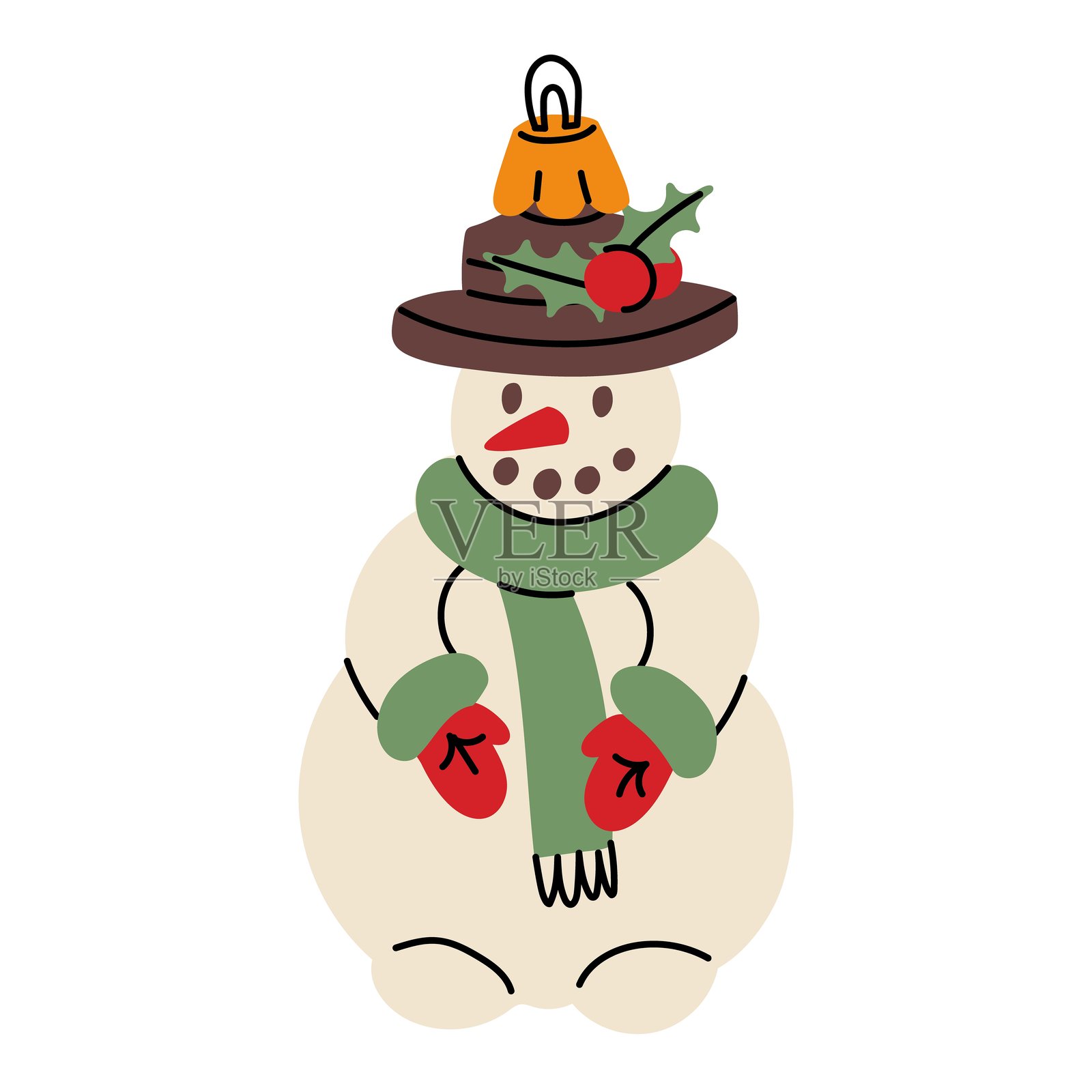 一款苏联圣诞树玩具。一个戴着帽子、围巾和手套的雪人，玻璃制成的玩具。可爱的复古色彩插图。适合在圣诞树上悬挂的节日装饰品，适用于新年和圣诞节。插画图片素材