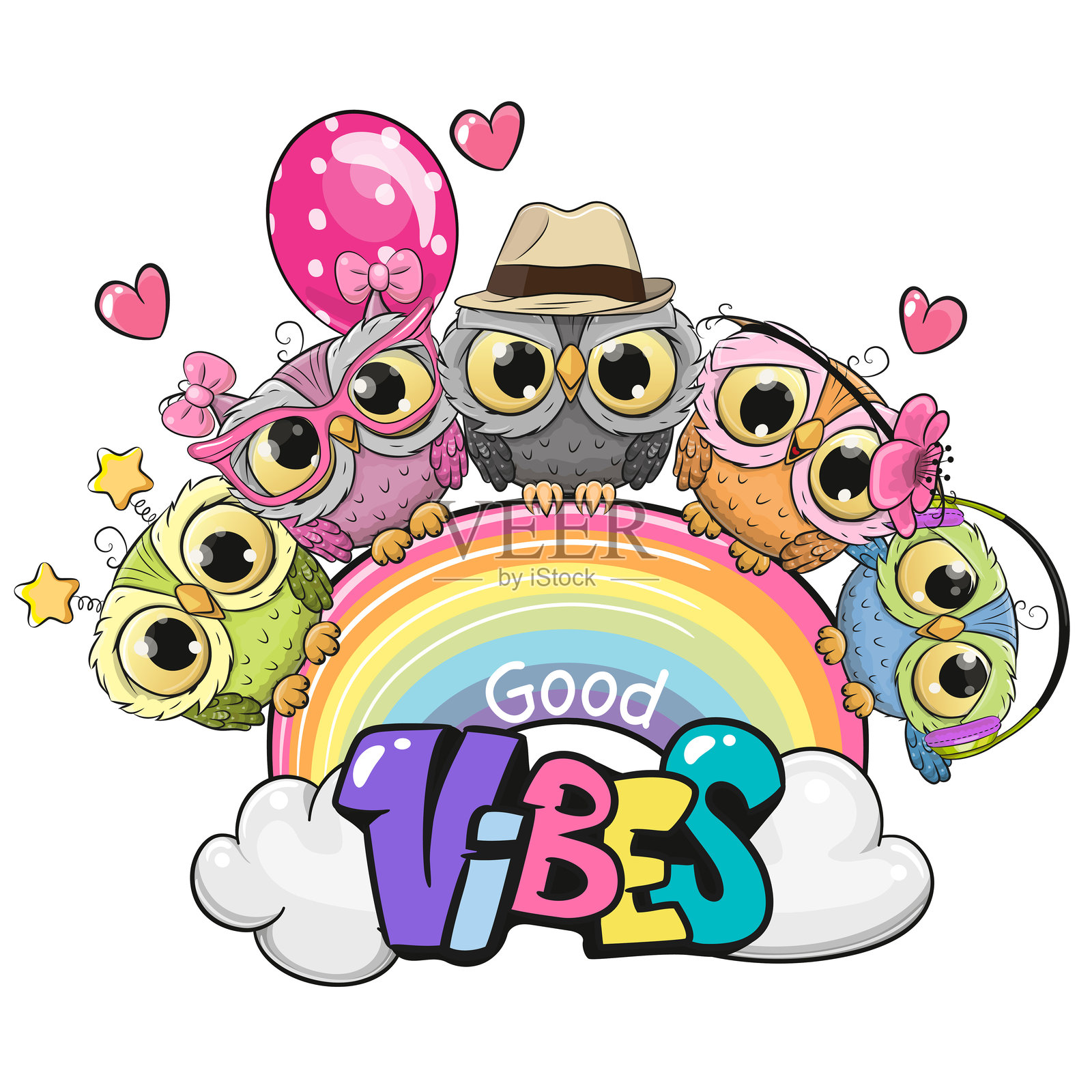 可爱的卡通猫头鹰坐在彩虹上插画图片素材