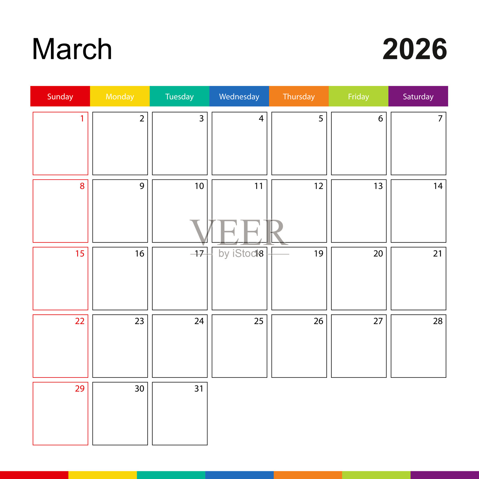 2026年3月五彩斑斓的墙壁日历，周日开始一周。插画图片素材