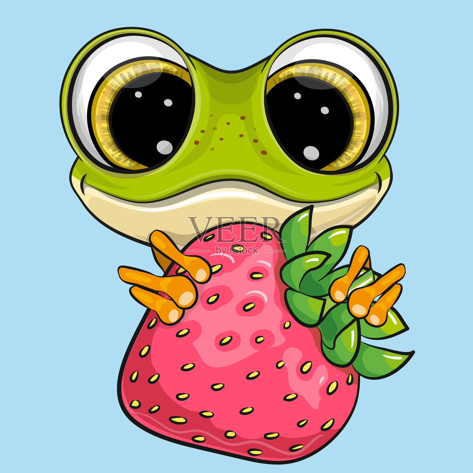 蓝色背景上的草莓青蛙插画图片素材