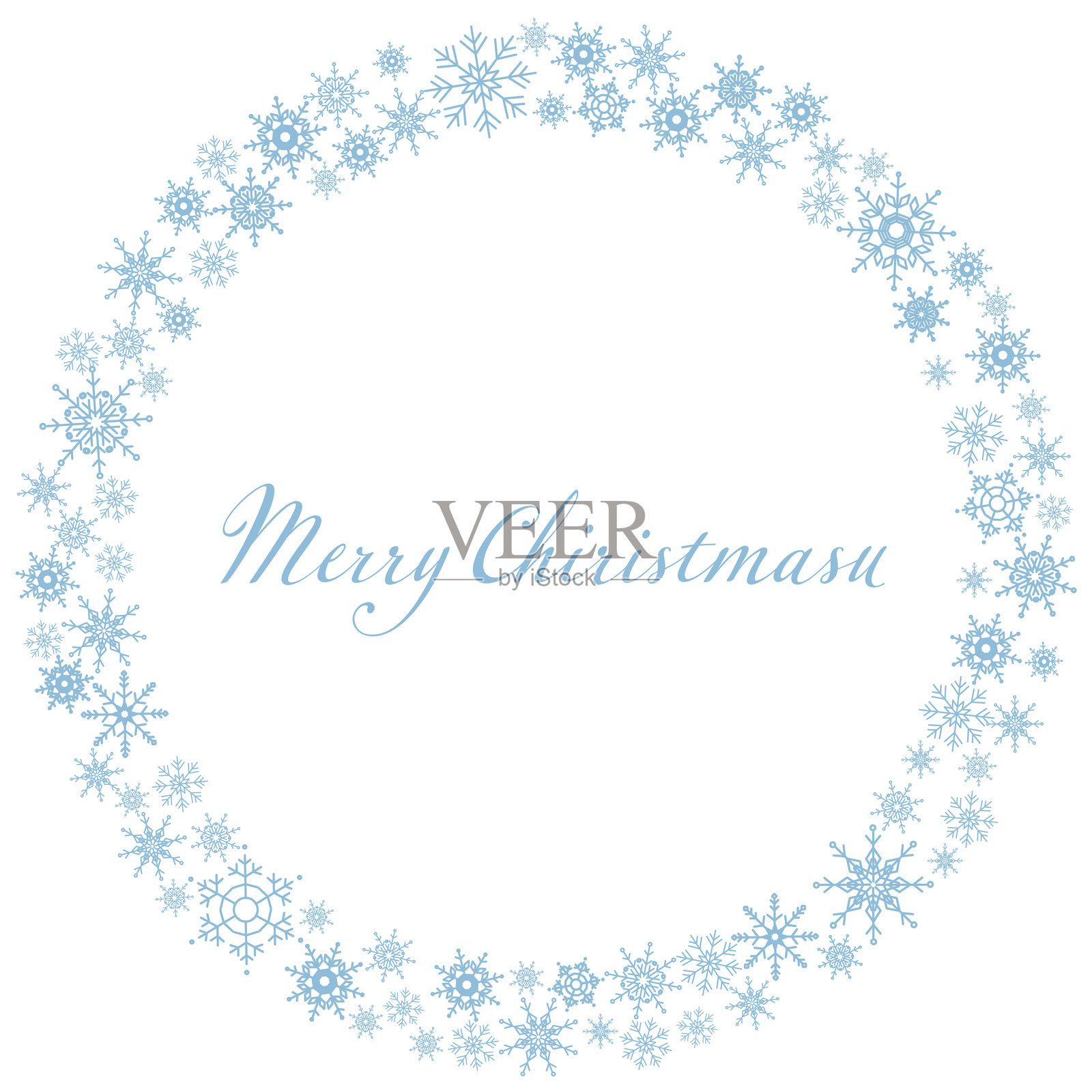 蓝色雪花圣诞花环圆形框架，黑色背景上的节日问候信息，优雅的节日矢量插图，适用于季节性装饰和贺卡。插画图片素材