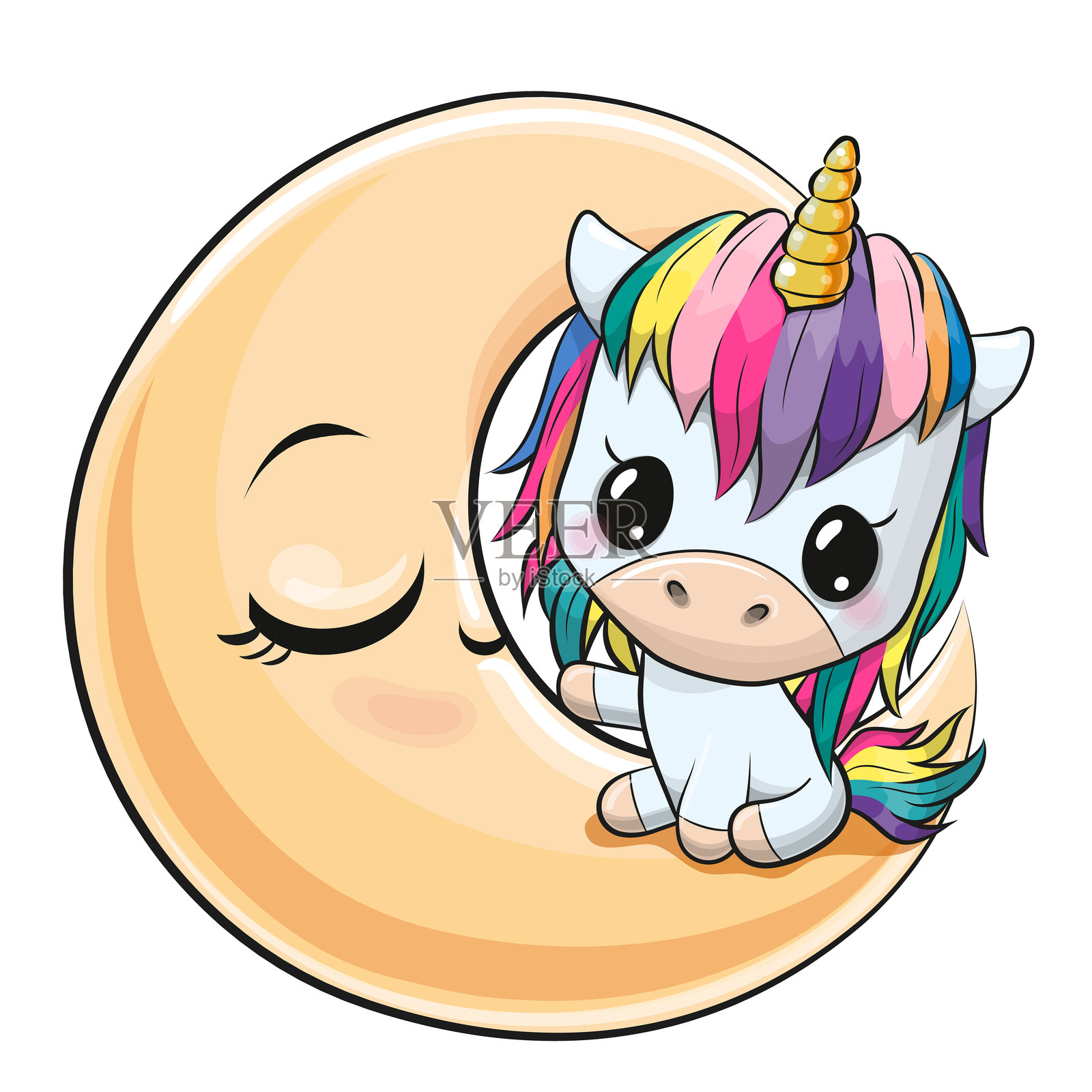 卡通独角兽坐在月球上插画图片素材