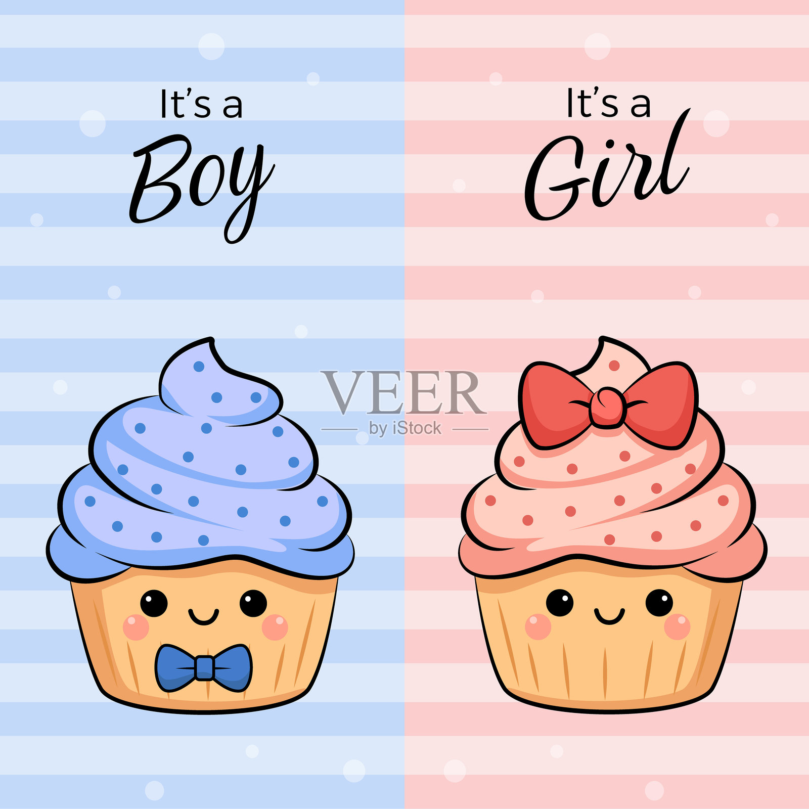 可爱的矢量插图，展示两个杯子蛋糕，适合性别揭晓派对。插画图片素材