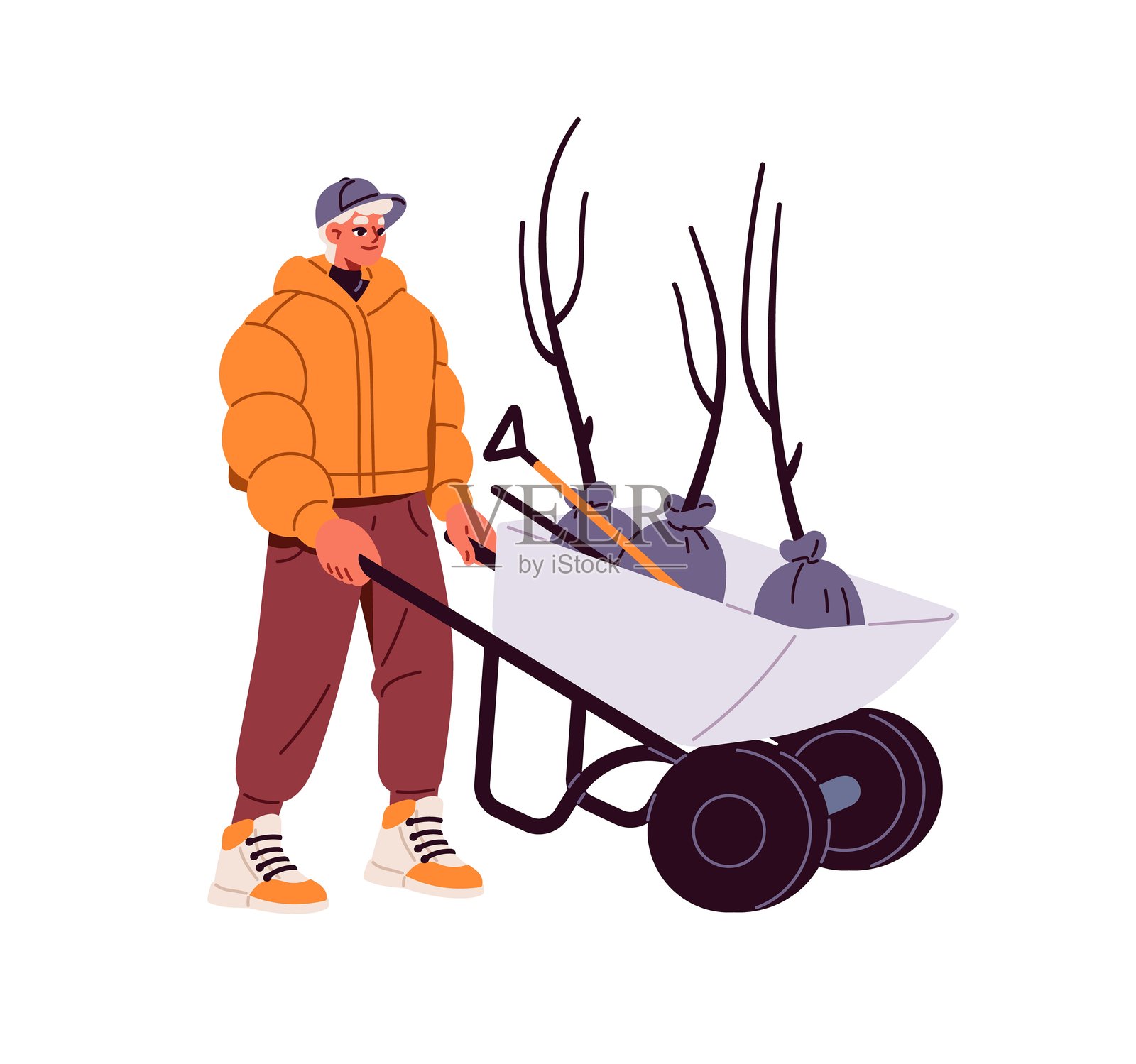 农民关心花园，推着手推车运送幼苗进行种植。农场工人用手推车运送树苗。男子进行植树造林和景观美化。白色背景上的平面孤立矢量插图。插画图片素材