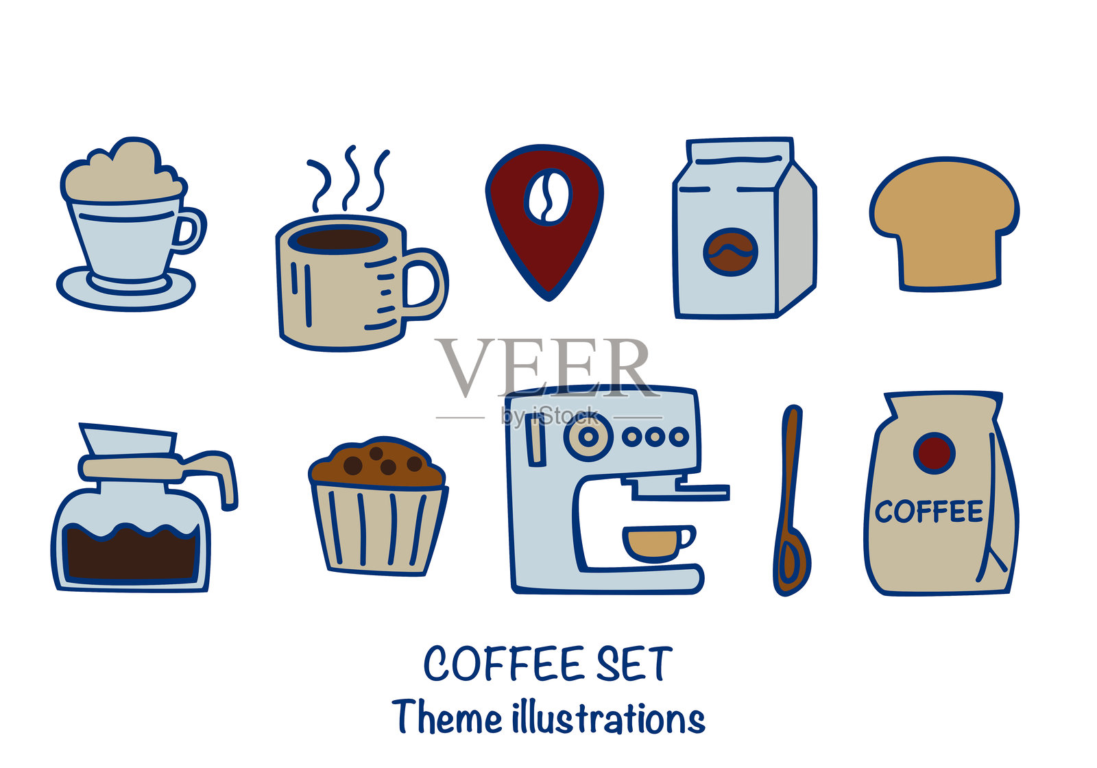 可爱的手绘咖啡矢量插图集，色彩鲜艳，包括杯子、马克杯、甜点和咖啡店、咖啡馆设备，背景为白色，适合菜单设计和贴纸使用。插画图片素材