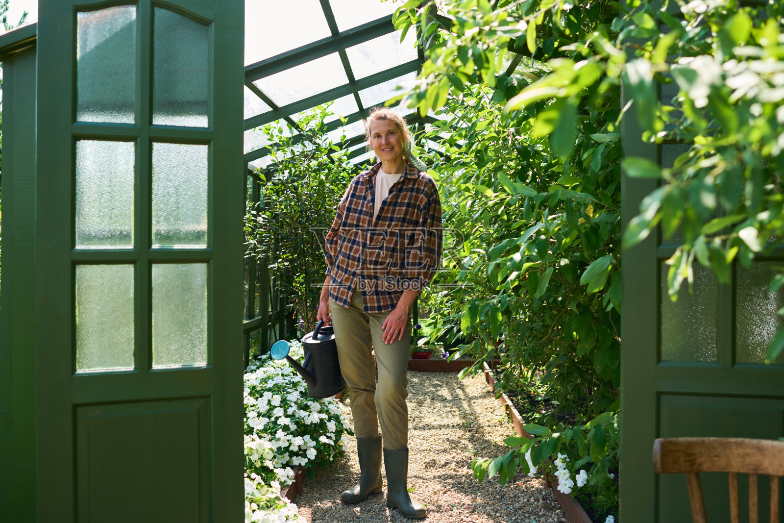 中年女性在温室花园内浇水植物照片摄影图片