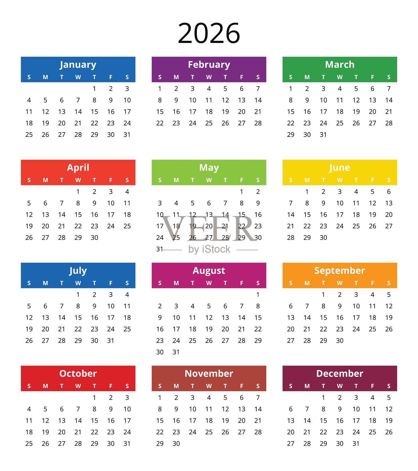 2026年彩色日历。英文年份设计（周日开始）插画图片素材