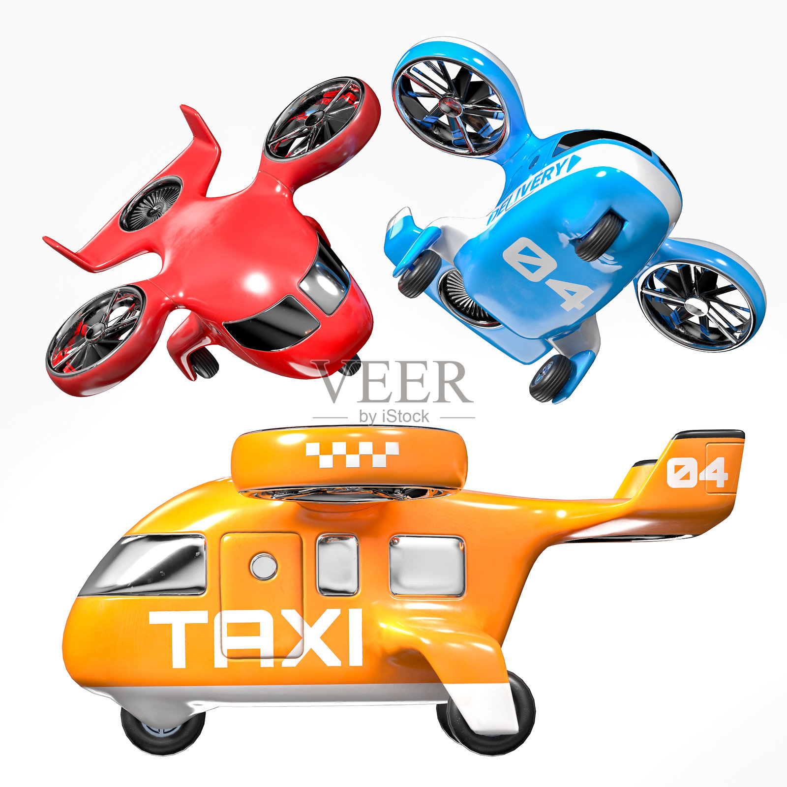 风格化的玩具双螺旋桨无人机，白色背景上的组合（红色、橙色出租车、蓝色快递），3D图像照片摄影图片