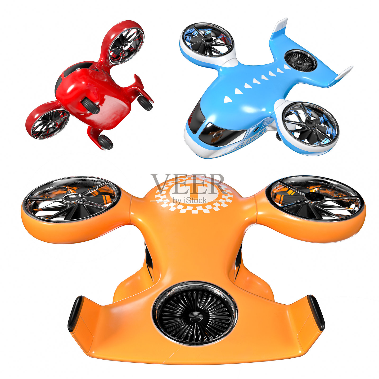 三款玩具双螺旋桨无人机，白色背景上的组合（红色、橙色出租车、蓝色快递），3D图像照片摄影图片