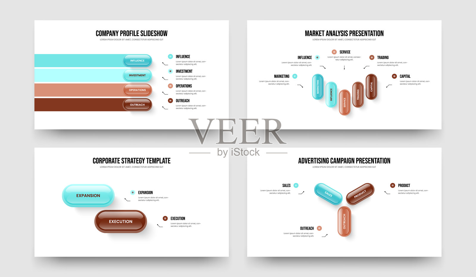 产品策略四五二三步信息图幻灯片布局合集。咨询分析四五二三元素图表幻灯片模板矢量插图包。插画图片素材